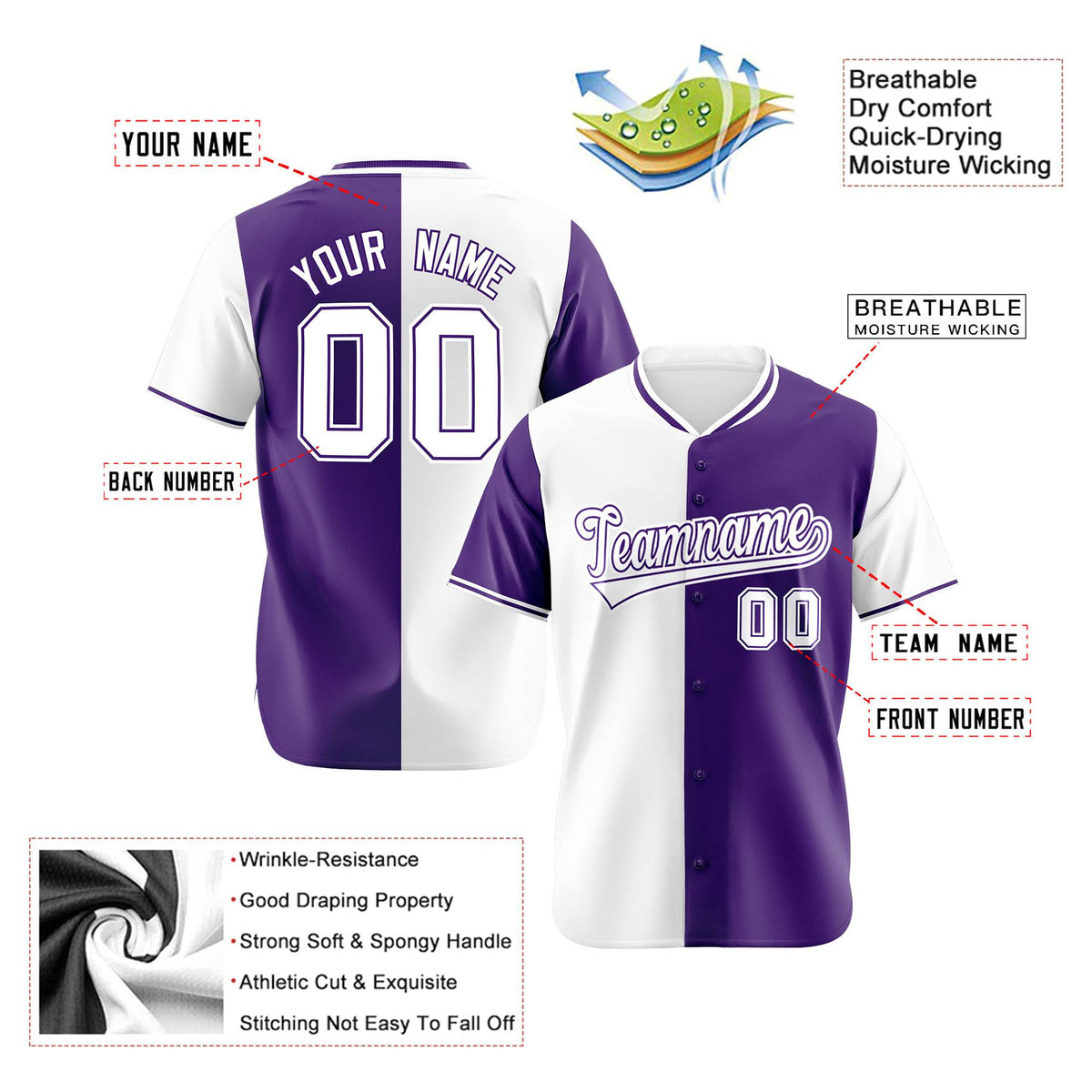 Custom White Purple Authentic Split Fashion Baseball Jersey