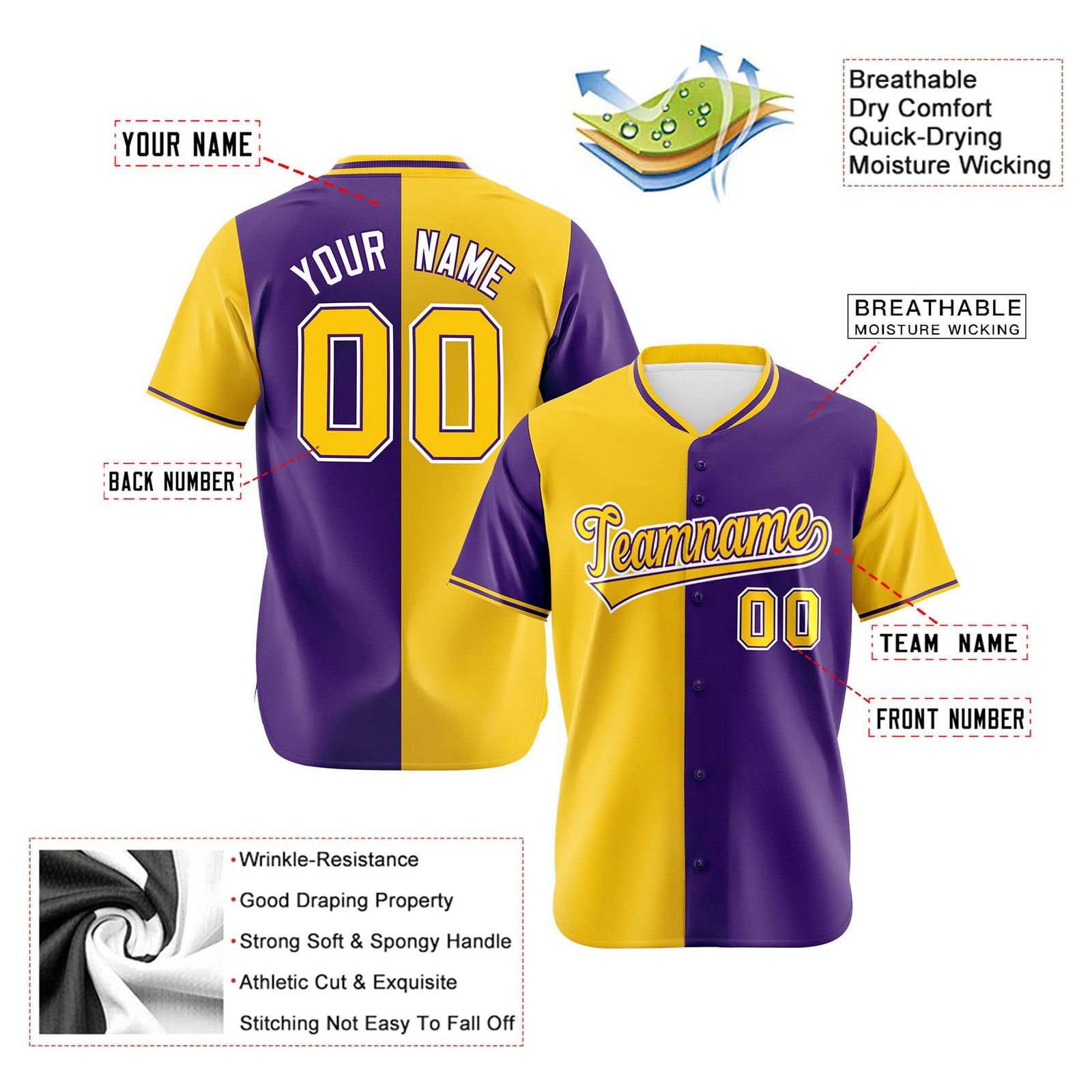 Custom Gold Purple Authentic Split Fashion Baseball Jersey