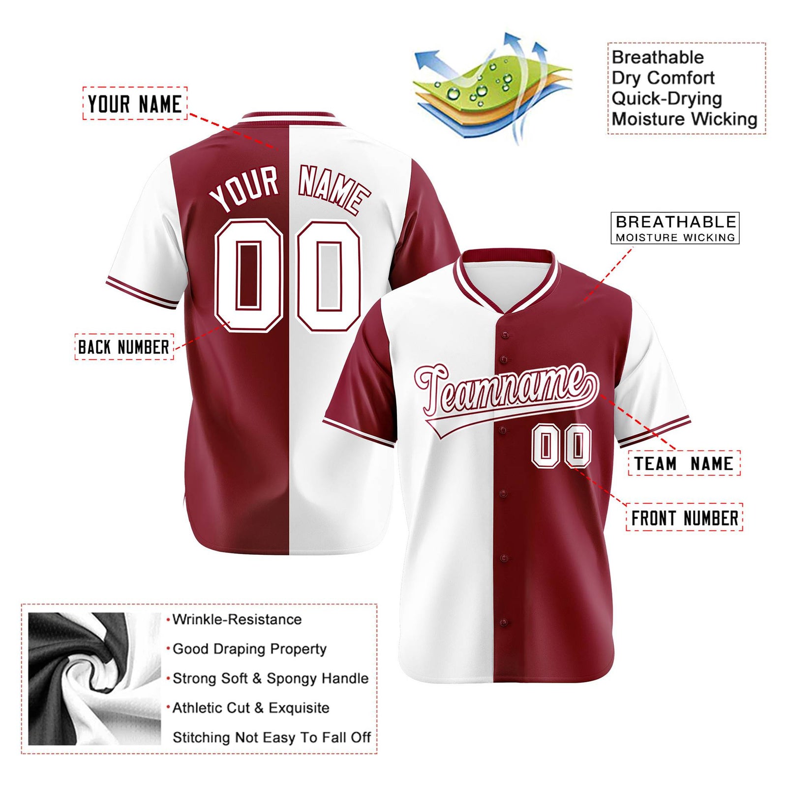 Custom White Crimson Authentic Split Fashion Baseball Jersey