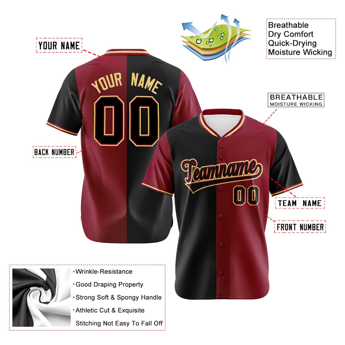 Custom Black Crimson Authentic Split Fashion Baseball Jersey