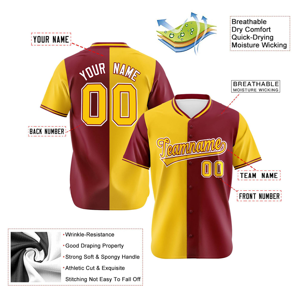 Custom Gold Crimson Authentic Split Fashion Baseball Jersey