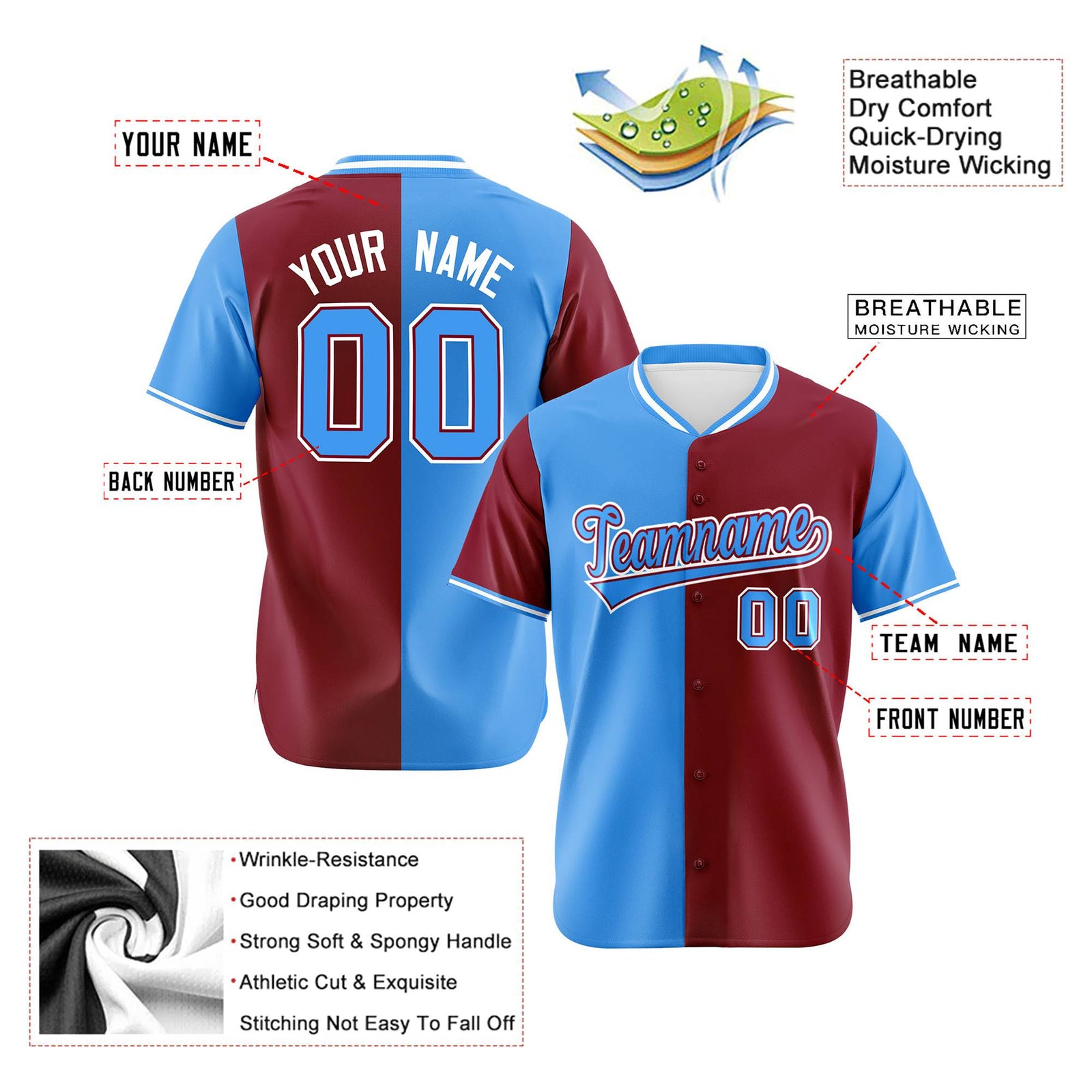 Custom Powder Blue Crimson Authentic Split Fashion Baseball Jersey