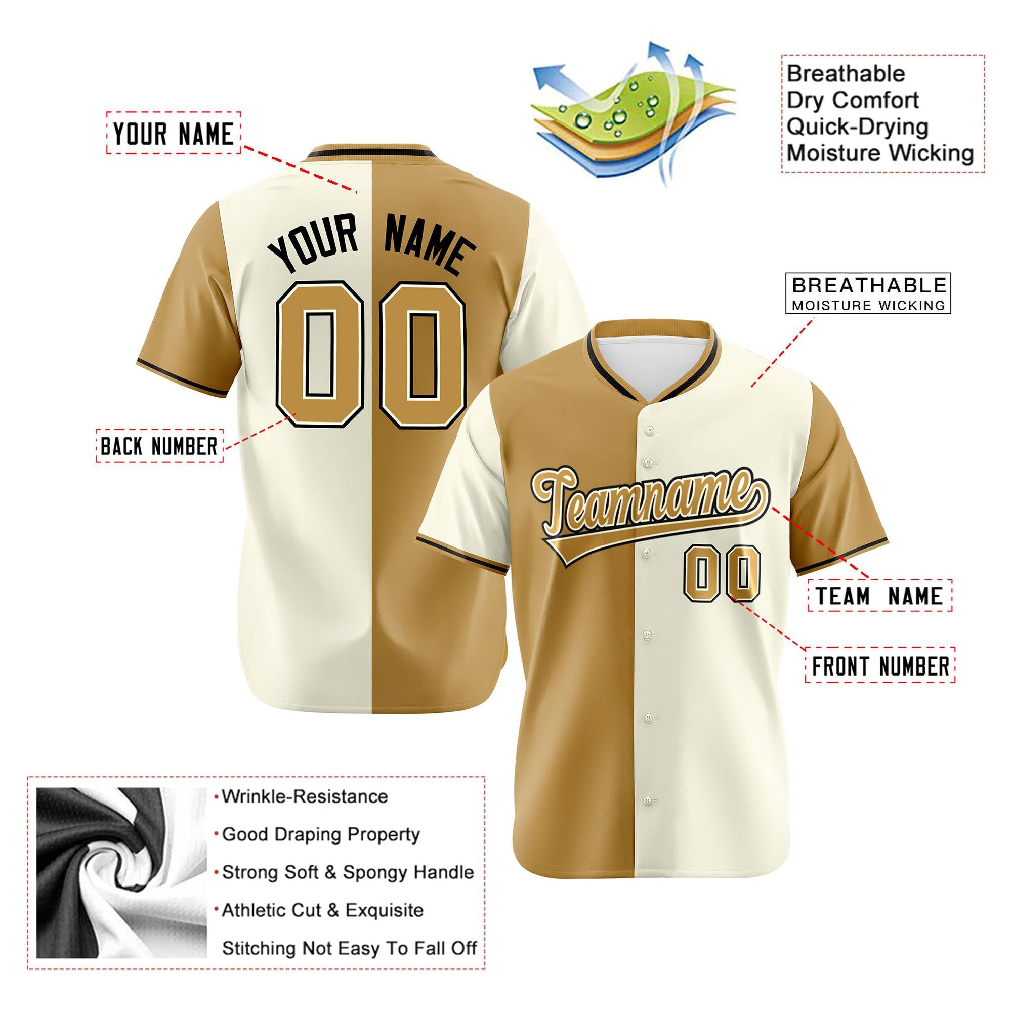 Custom Old Gold Cream Authentic Split Fashion Baseball Jersey