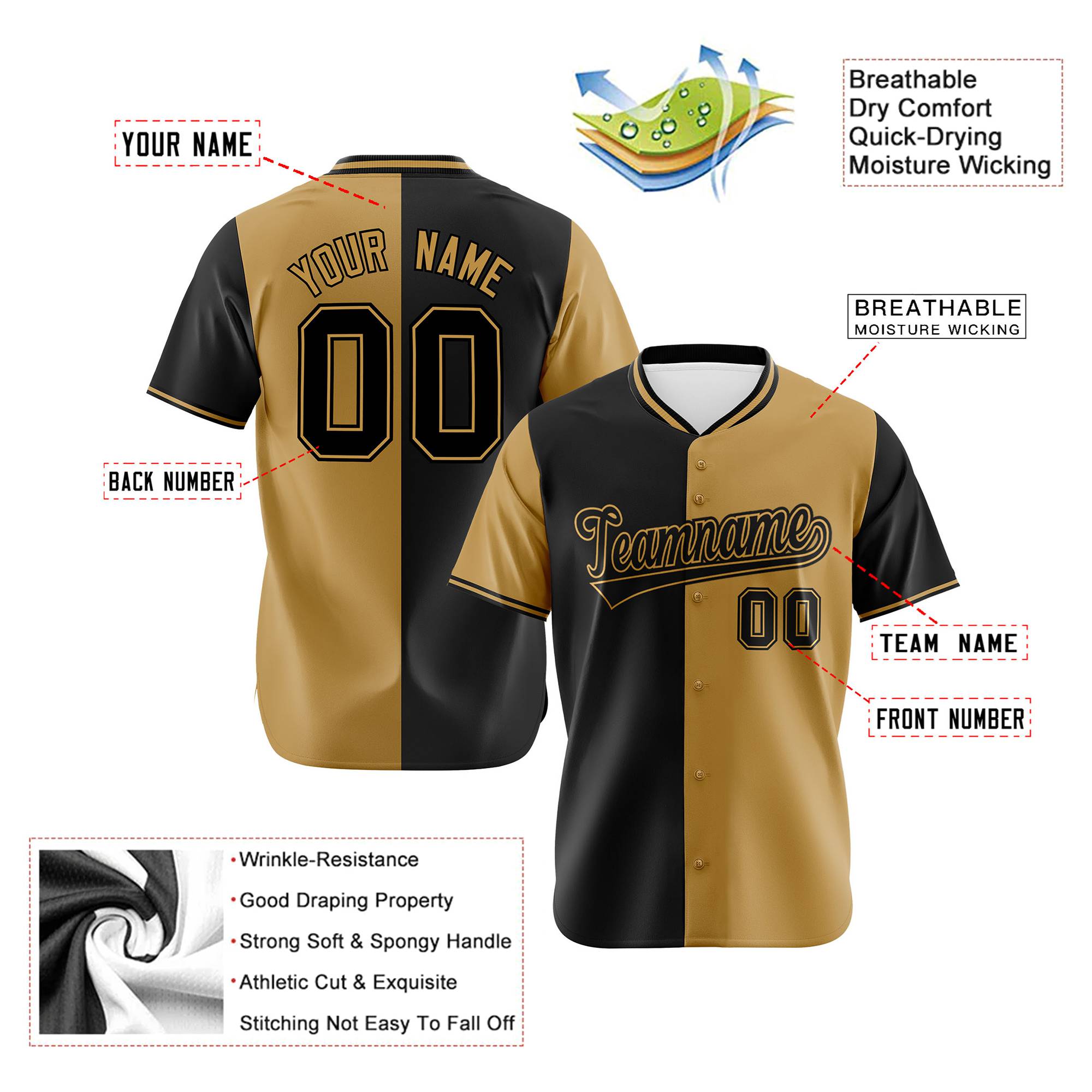 Custom Black Old Gold Authentic Split Fashion Baseball Jersey