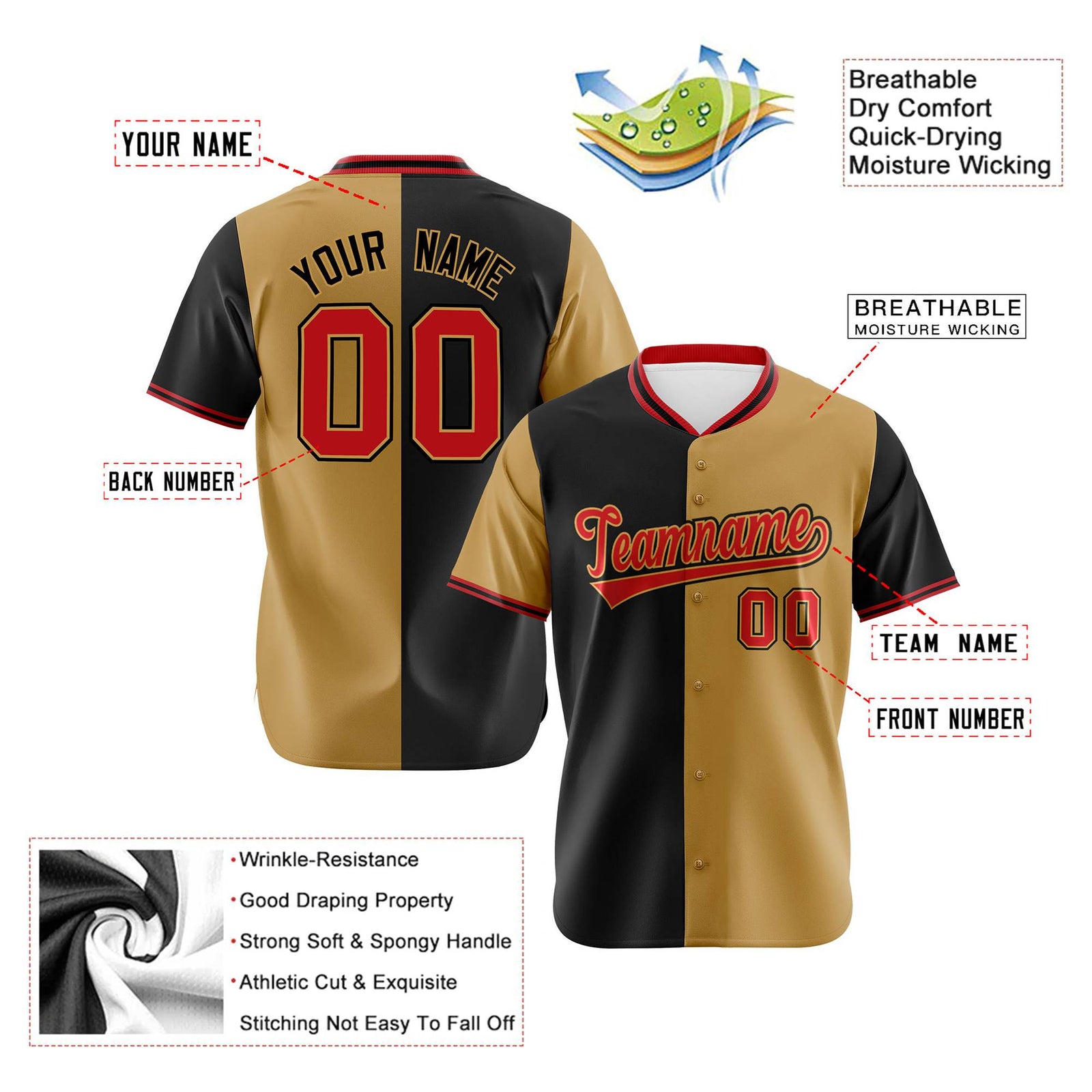 Custom Black Old Gold-Red Authentic Split Fashion Baseball Jersey