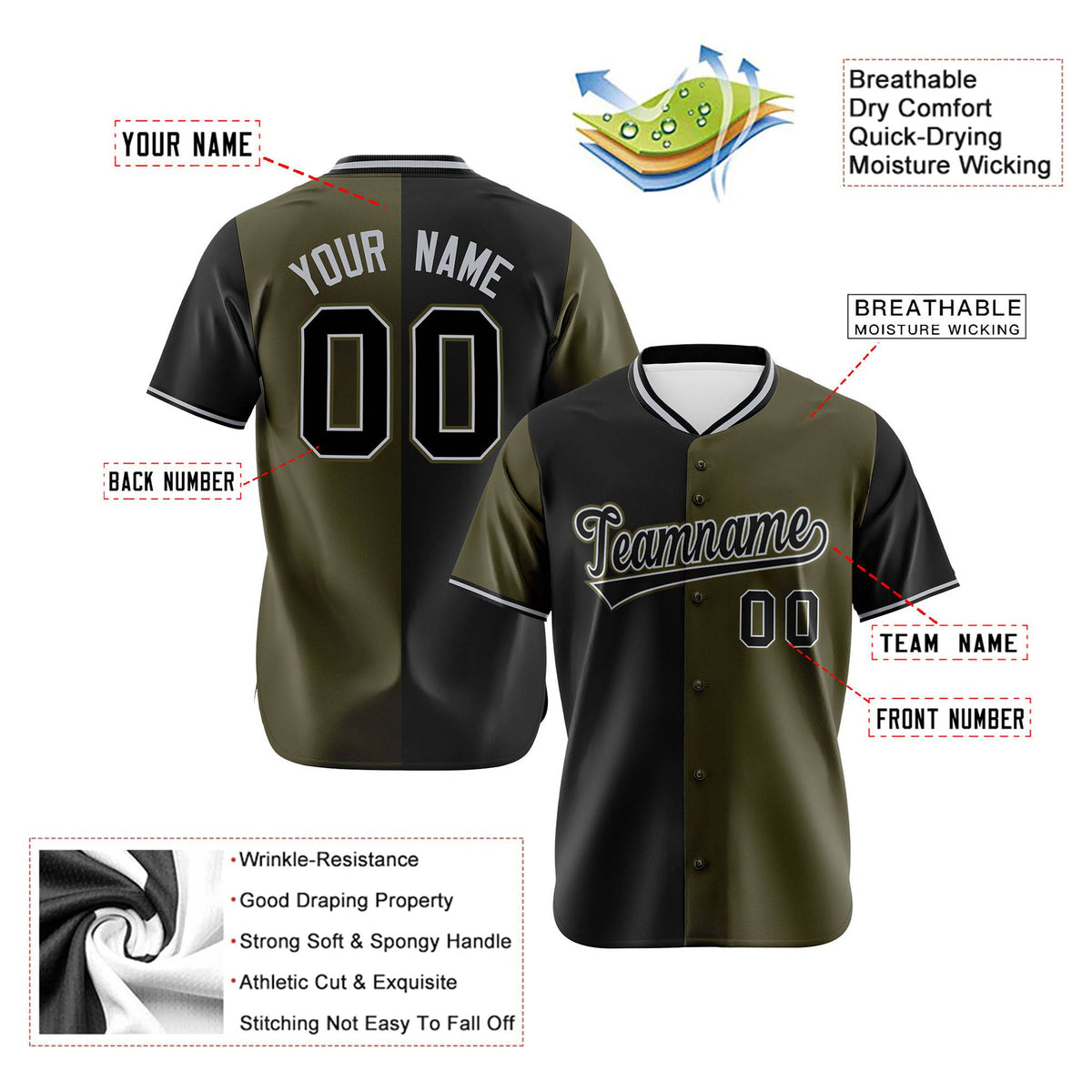 Custom Black Olive Authentic Split Fashion Baseball Jersey