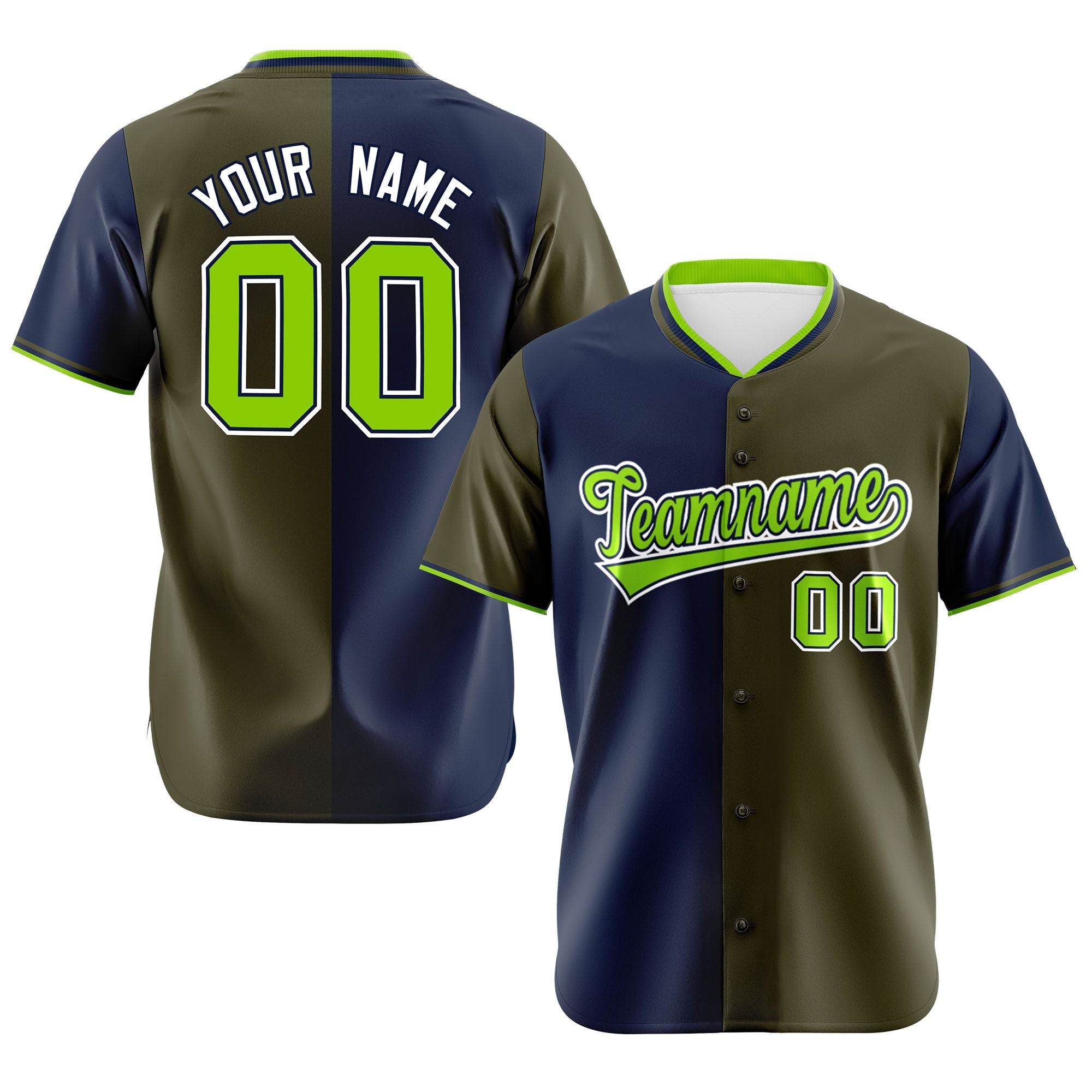 Custom Navy Olive Authentic Split Fashion Baseball Jersey