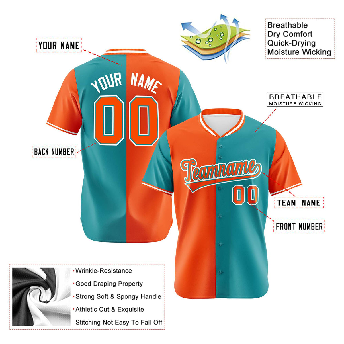 Custom Orange Aqua Authentic Split Fashion Baseball Jersey