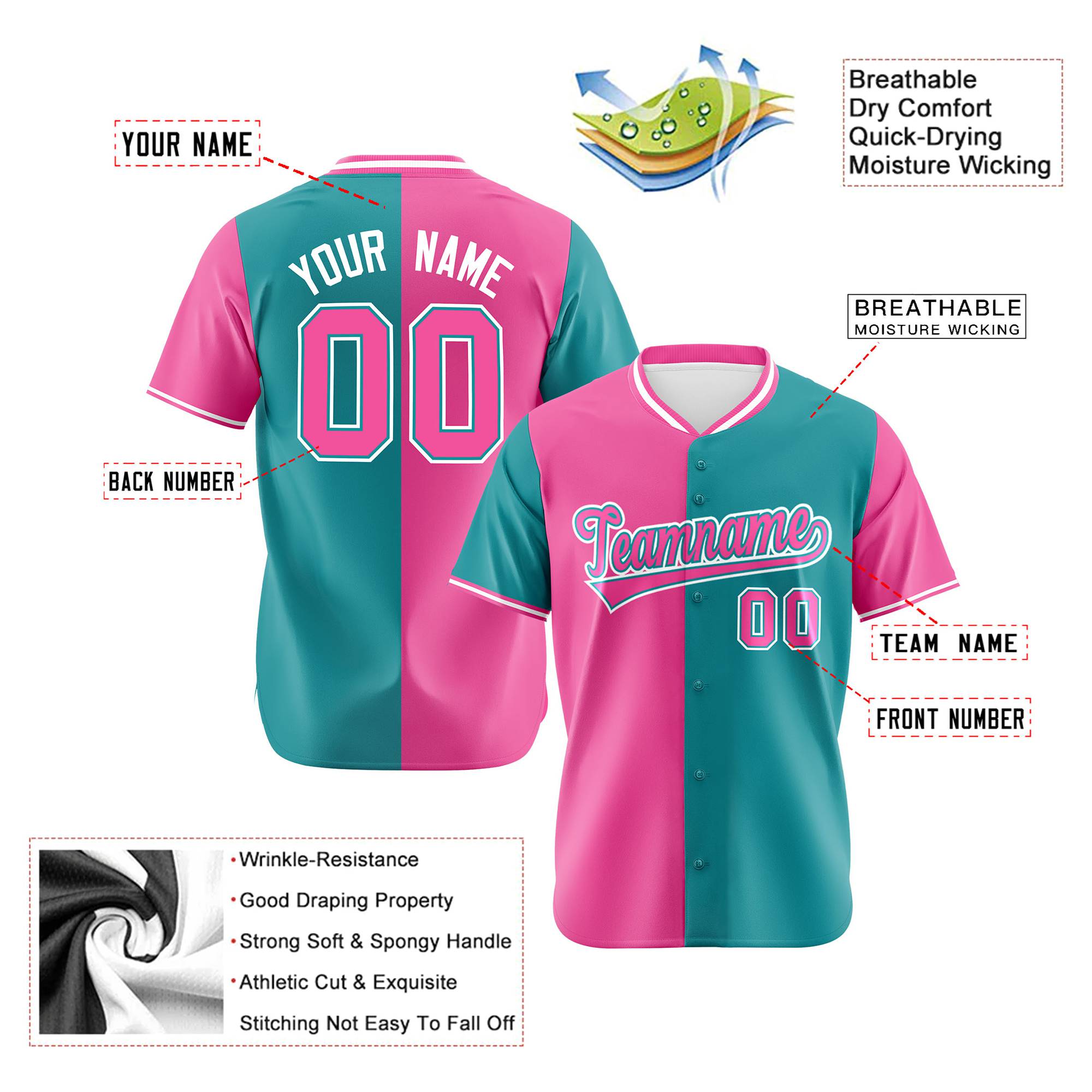 Custom Pink Aqua Authentic Split Fashion Baseball Jersey