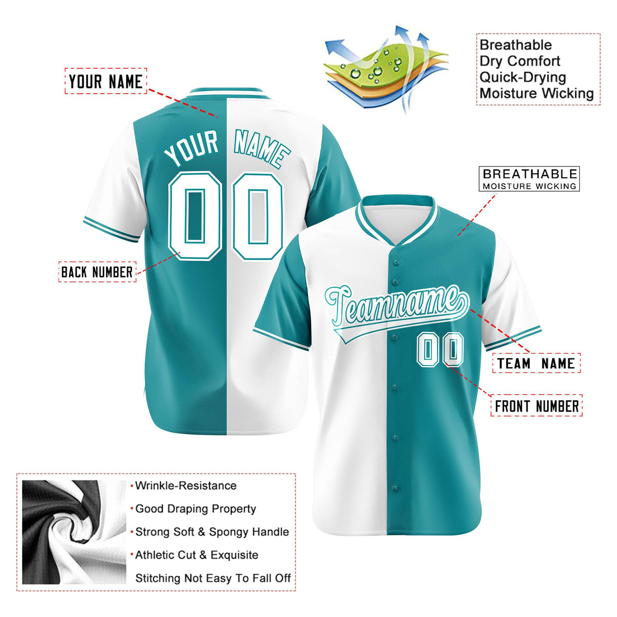 Custom White Aqua Authentic Split Fashion Baseball Jersey