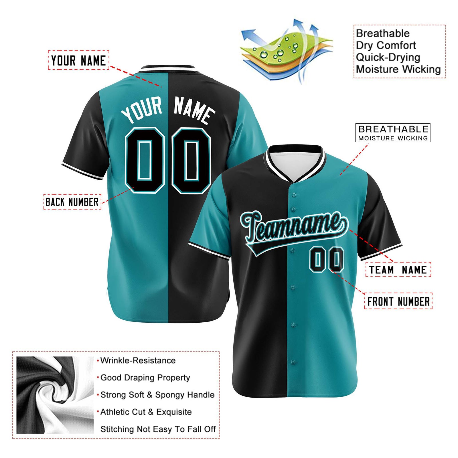 Custom Black Aqua Authentic Split Fashion Baseball Jersey