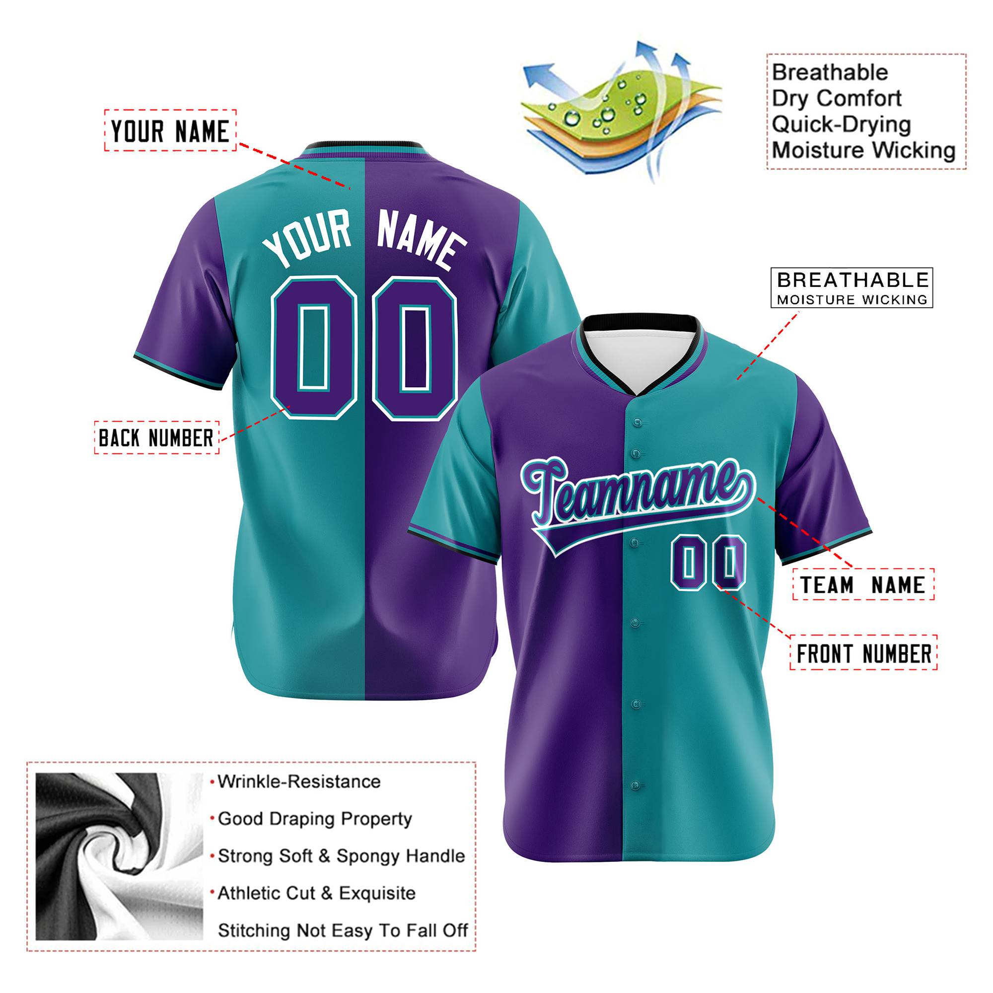 Custom Purple Aqua Authentic Split Fashion Baseball Jersey