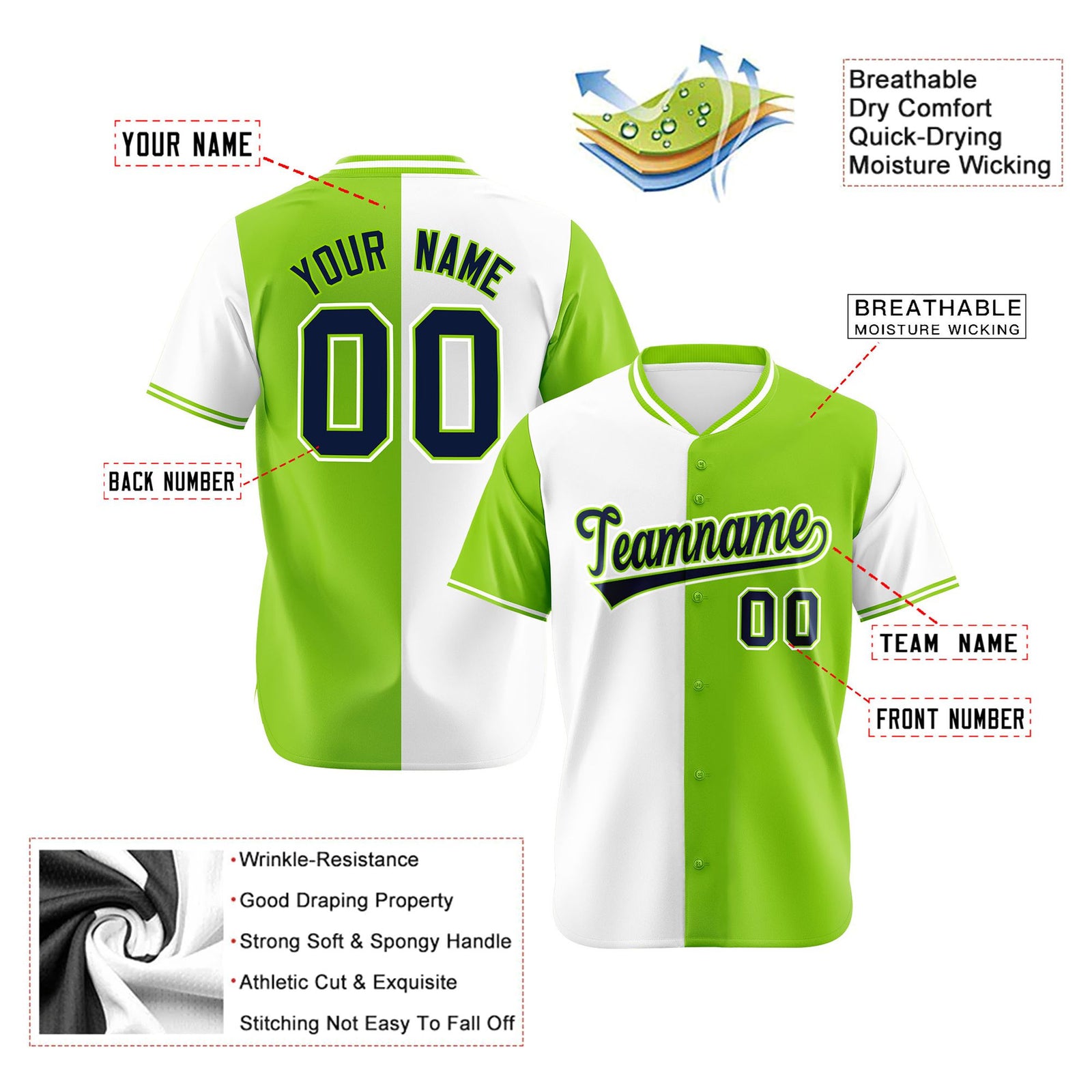 Custom White Neon Green Authentic Split Fashion Baseball Jersey