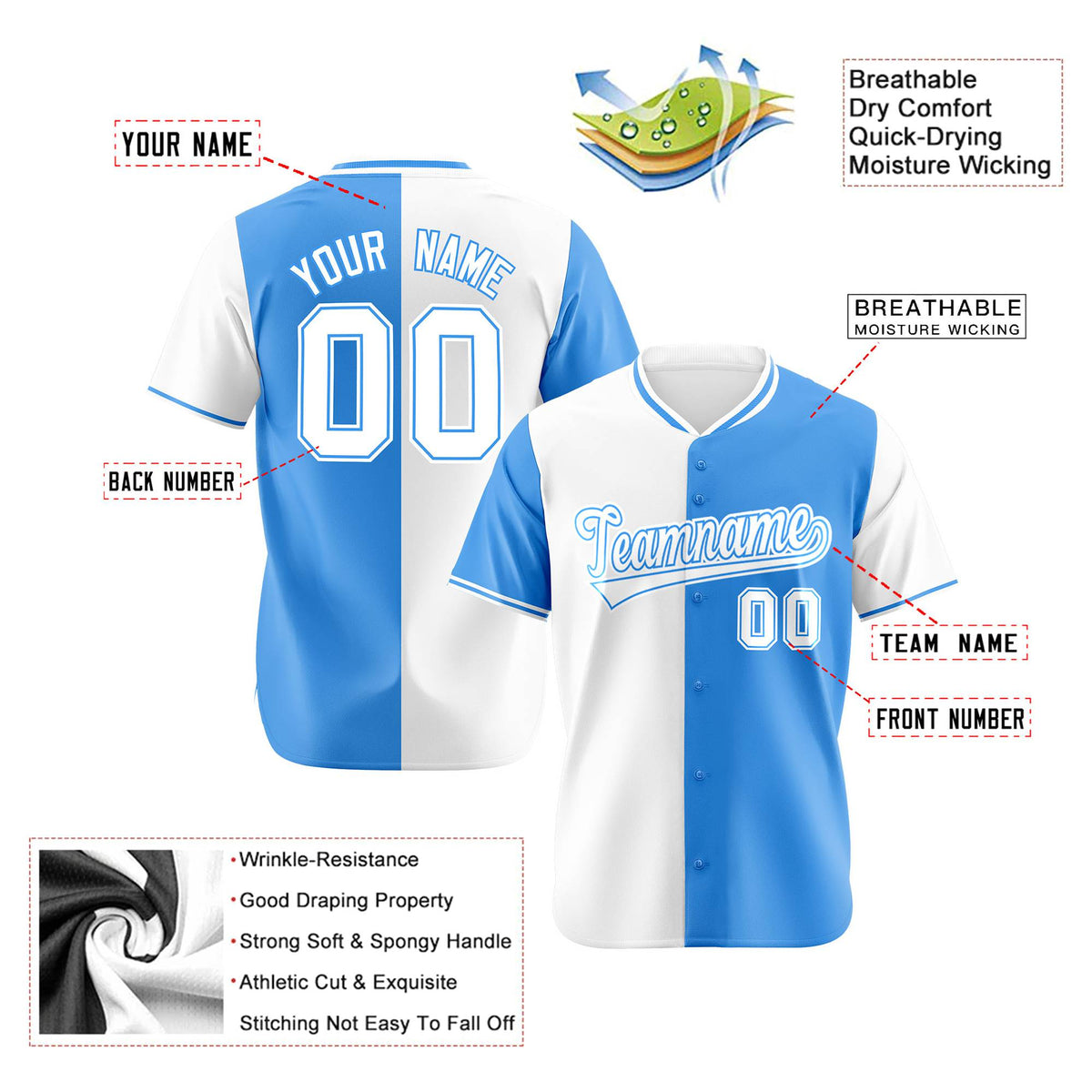 Custom White Powder Blue Authentic Split Fashion Baseball Jersey