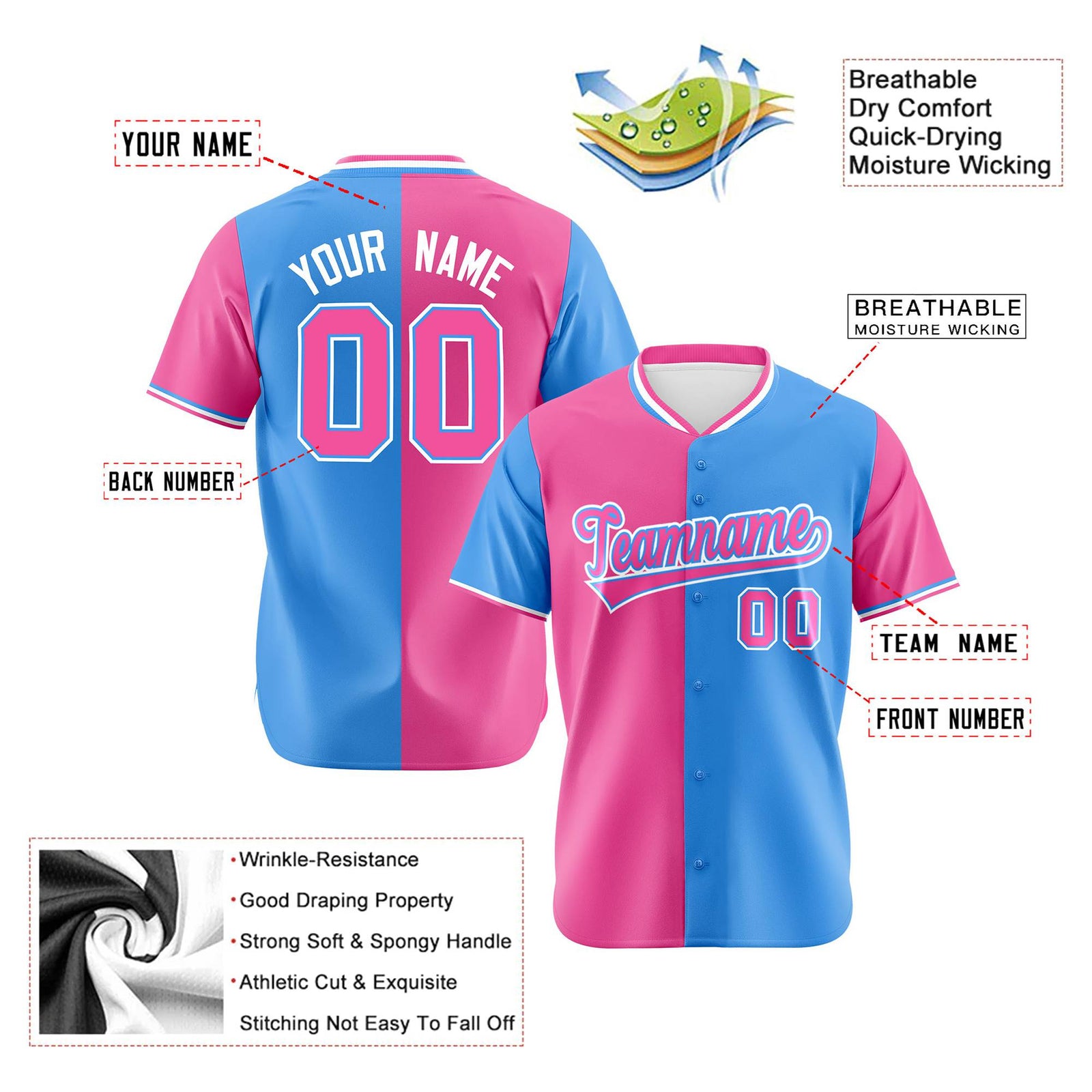 Custom Pink Powder Blue Authentic Split Fashion Baseball Jersey