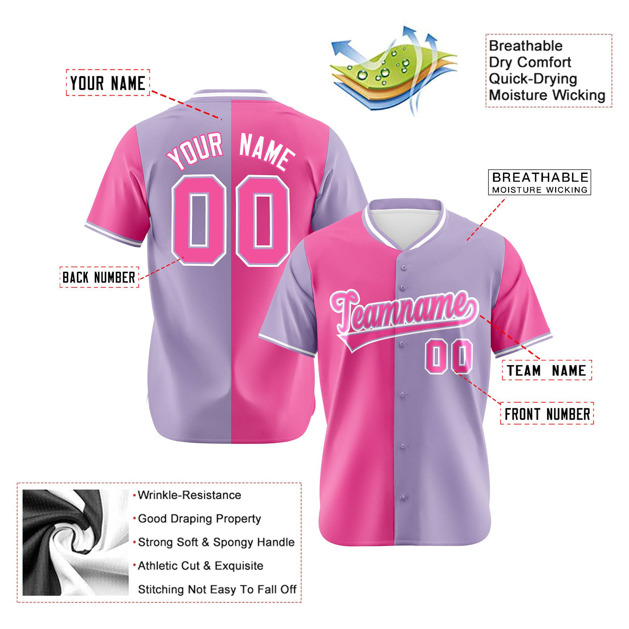 Custom Pink Light Purple Authentic Split Fashion Baseball Jersey