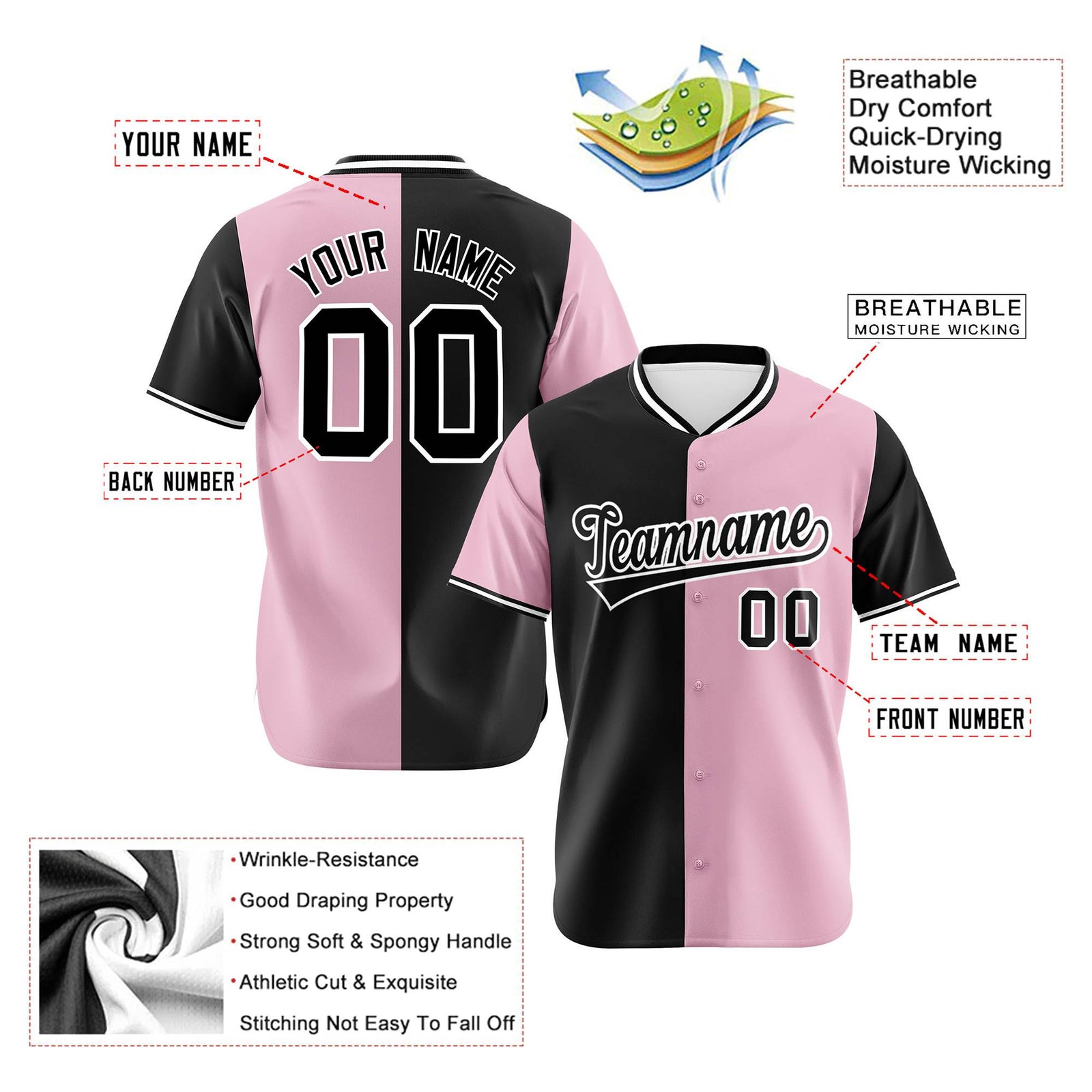 Custom Black Light Pink Authentic Split Fashion Baseball Jersey