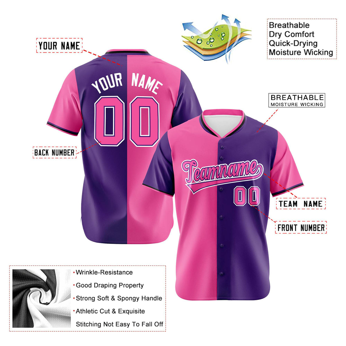 Custom Pink Purple Authentic Split Fashion Baseball Jersey