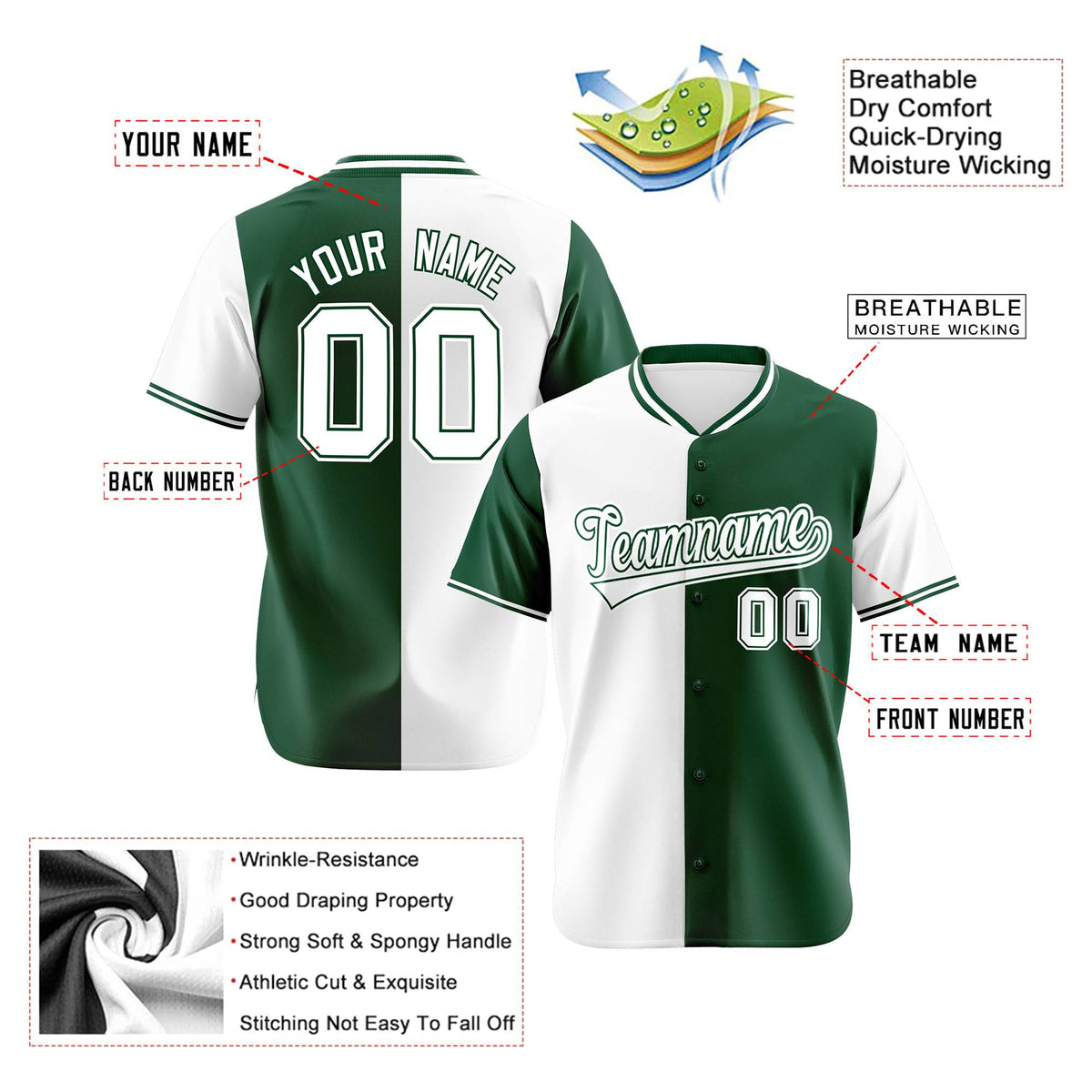 Custom White Green Authentic Split Fashion Baseball Jersey