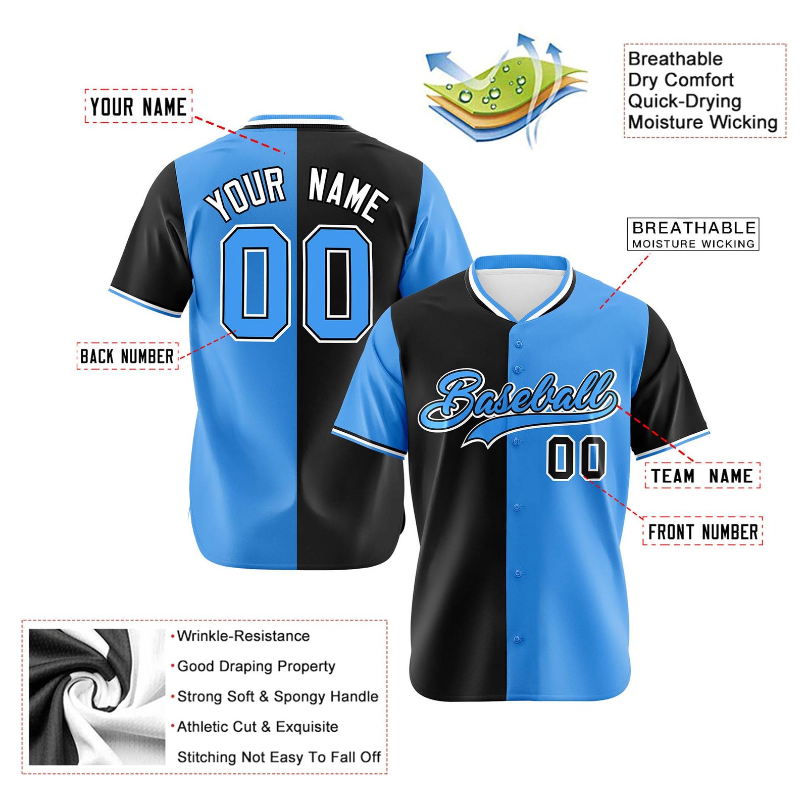 Custom Black Powder Blue Authentic Split Fashion Baseball Jersey