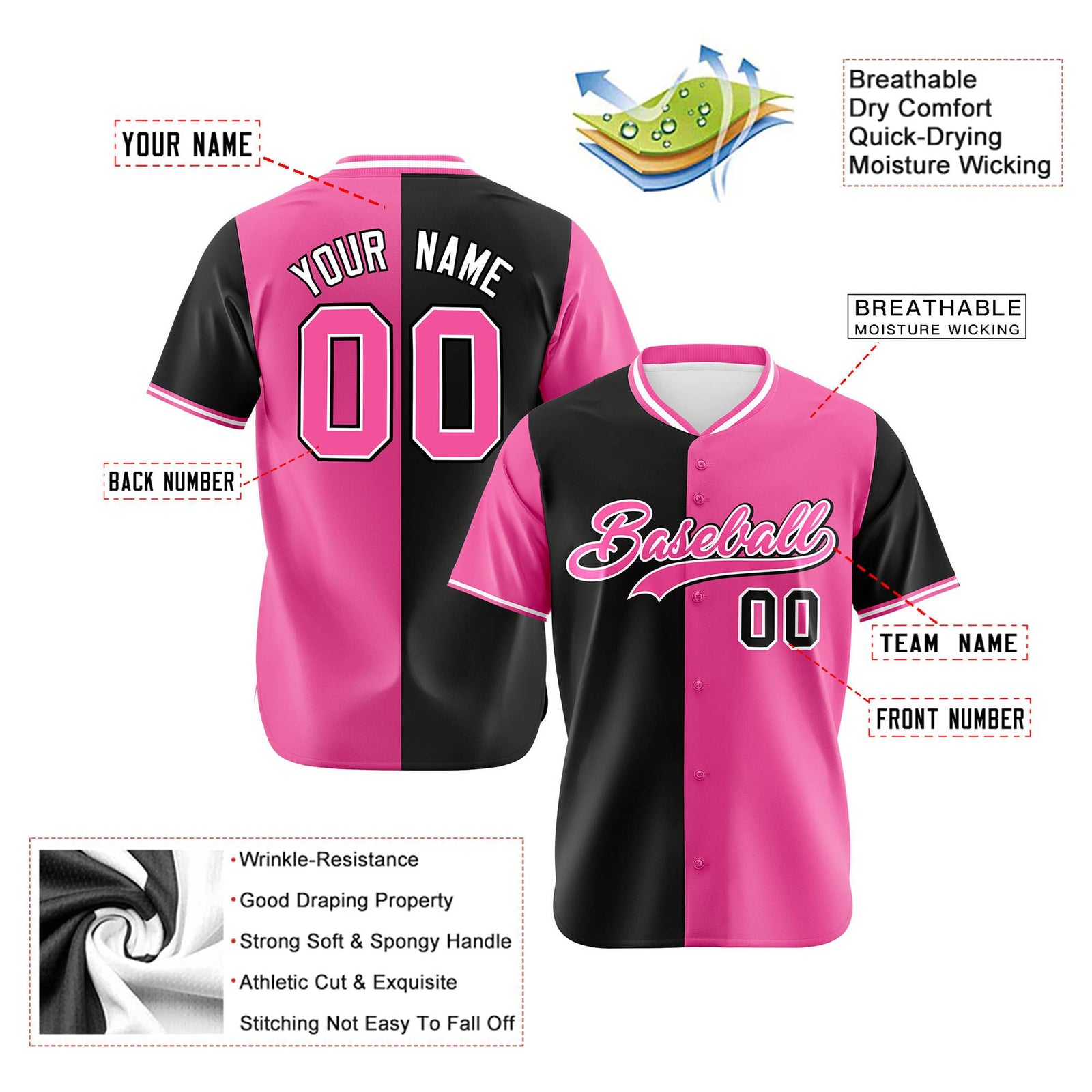 Custom Black Pink Authentic Split Fashion Baseball Jersey