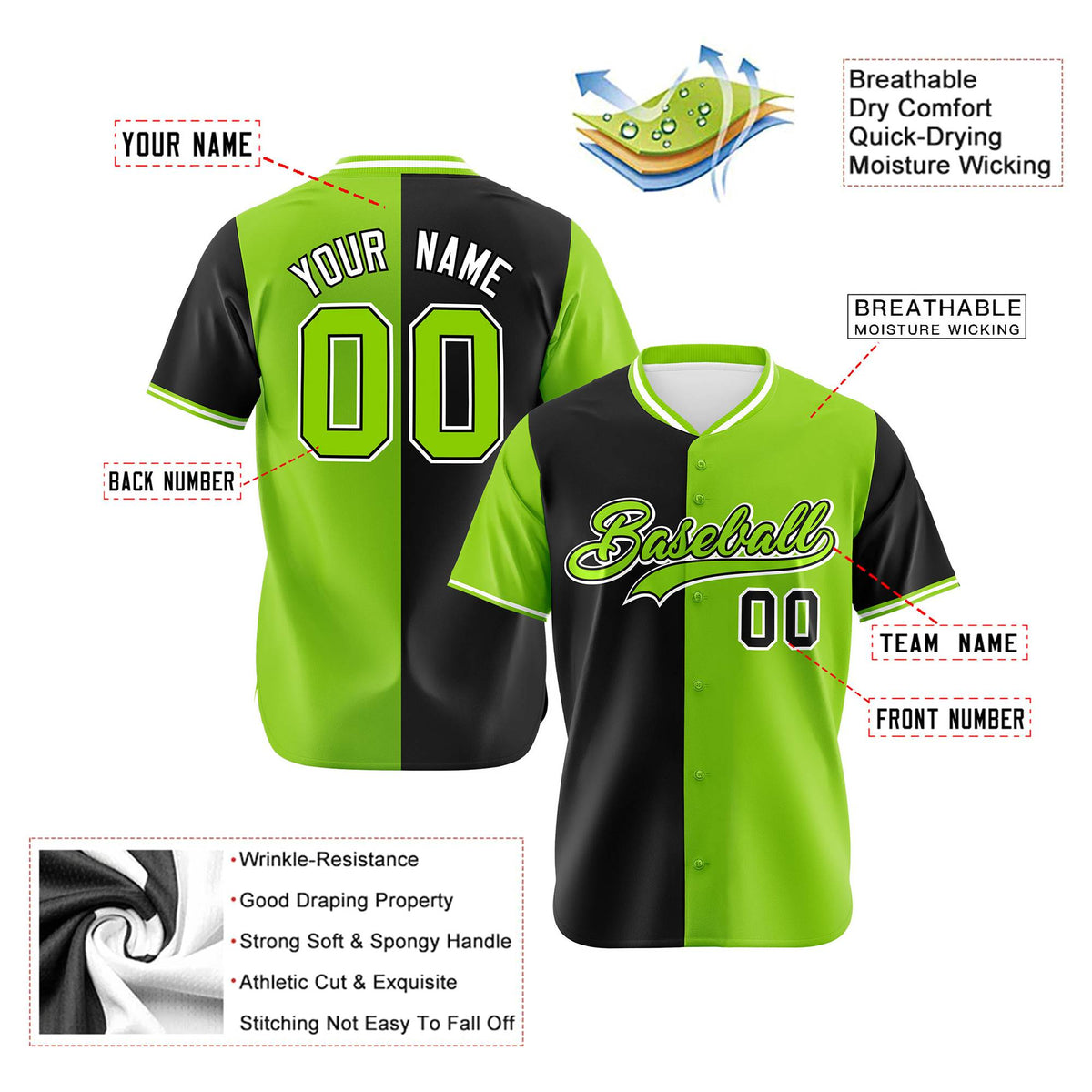Custom Black Neon Green Authentic Split Fashion Baseball Jersey