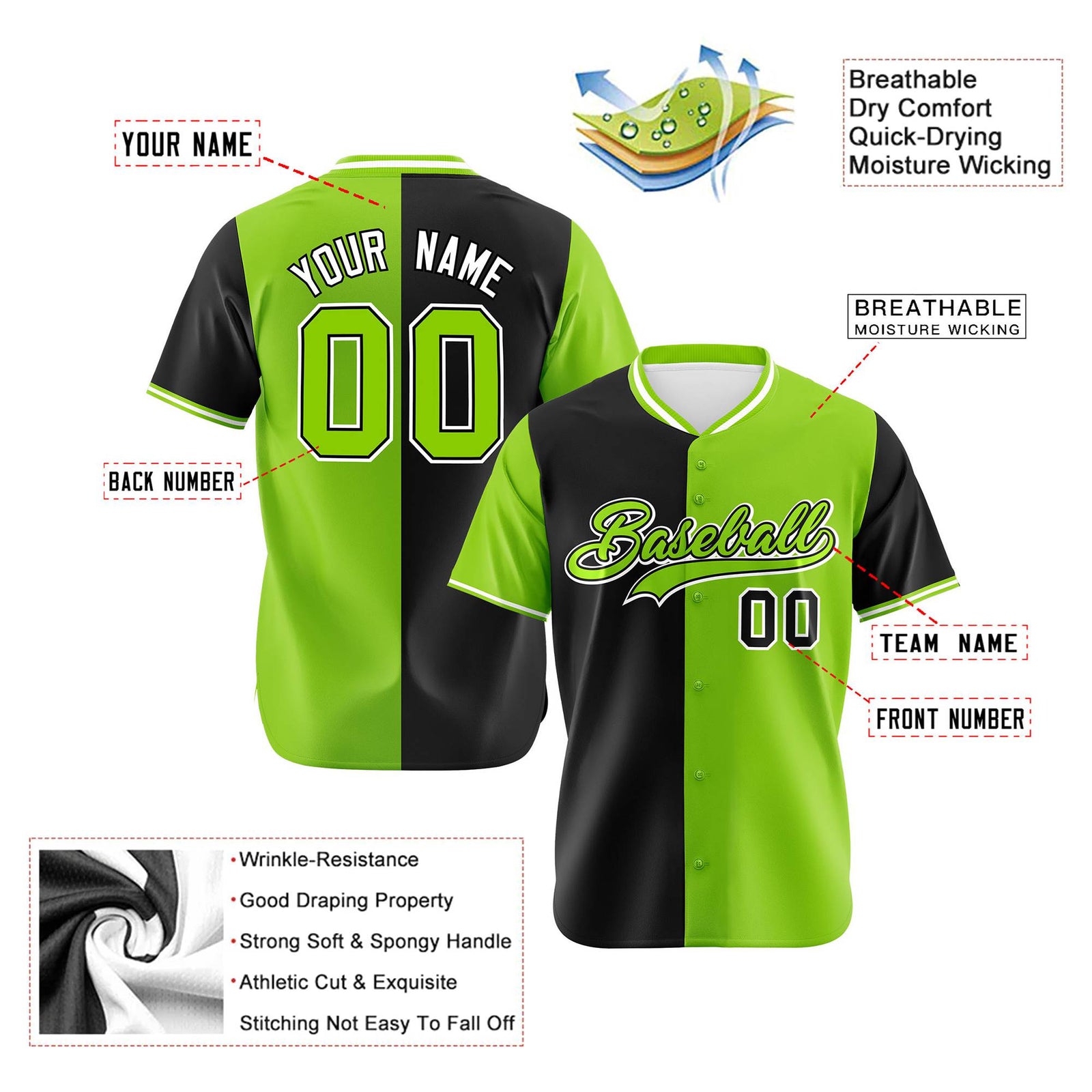 Custom Black Neon Green Authentic Split Fashion Baseball Jersey