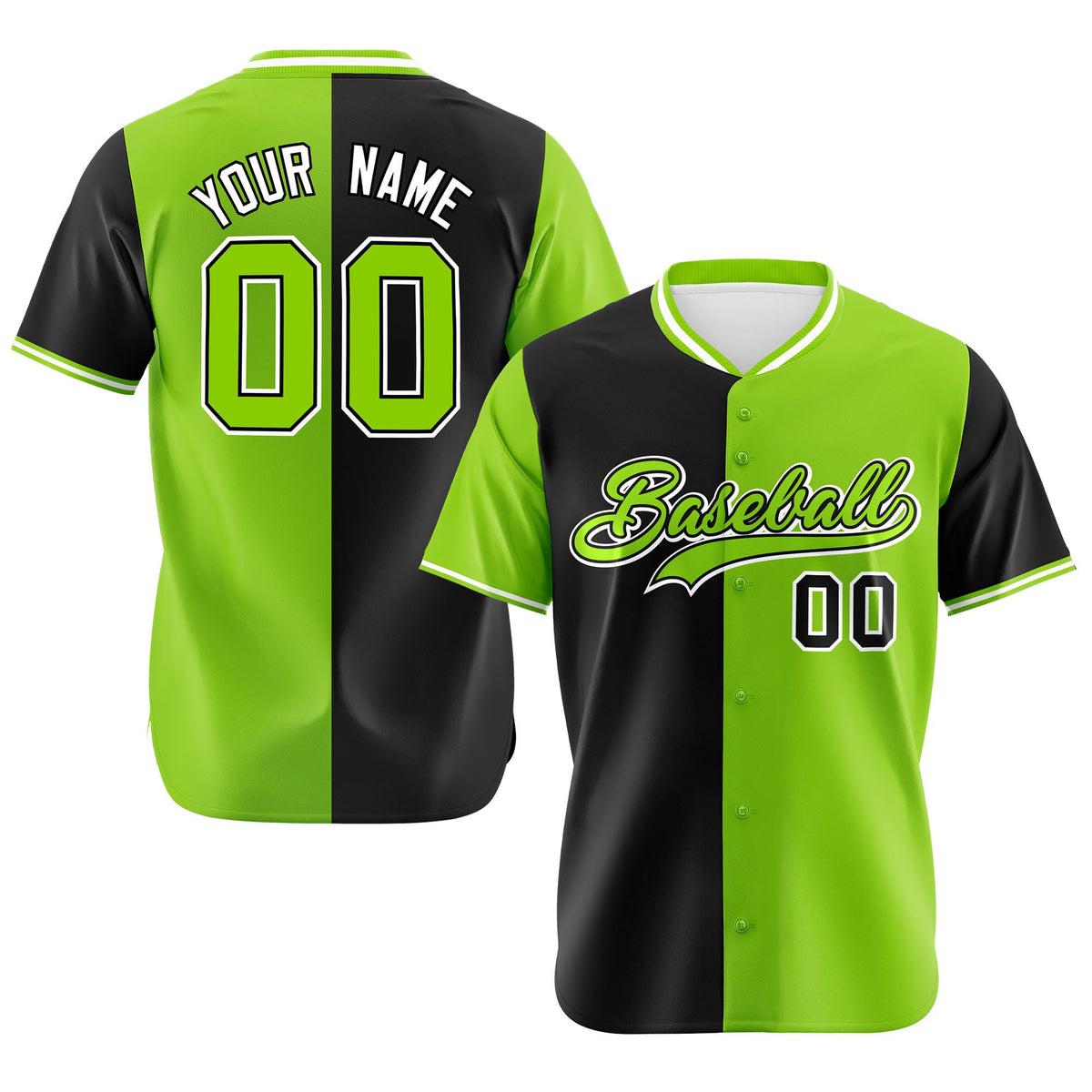 Custom Black Neon Green Authentic Split Fashion Baseball Jersey