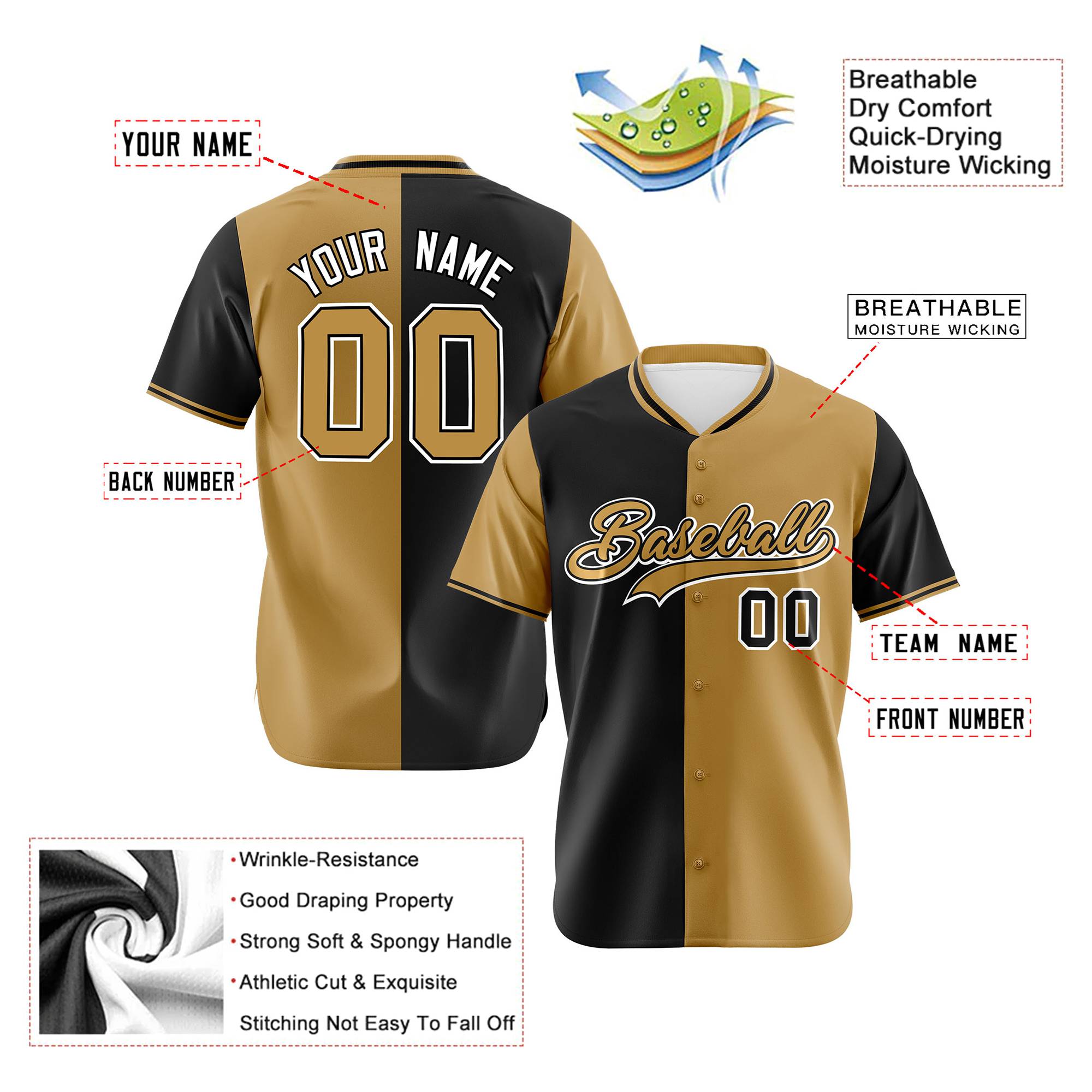 Custom Black Old Gold Authentic Split Fashion Baseball Jersey