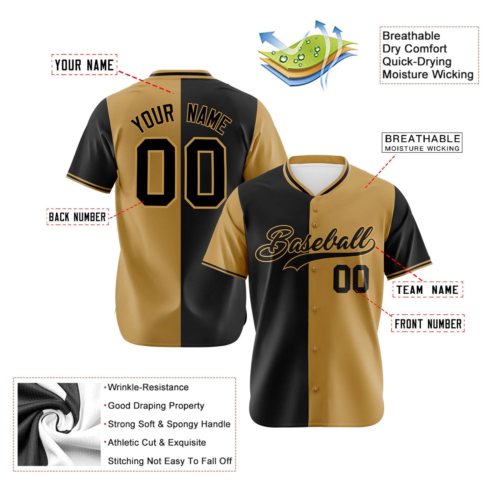 Custom Black Old Gold Authentic Split Fashion Baseball Jersey