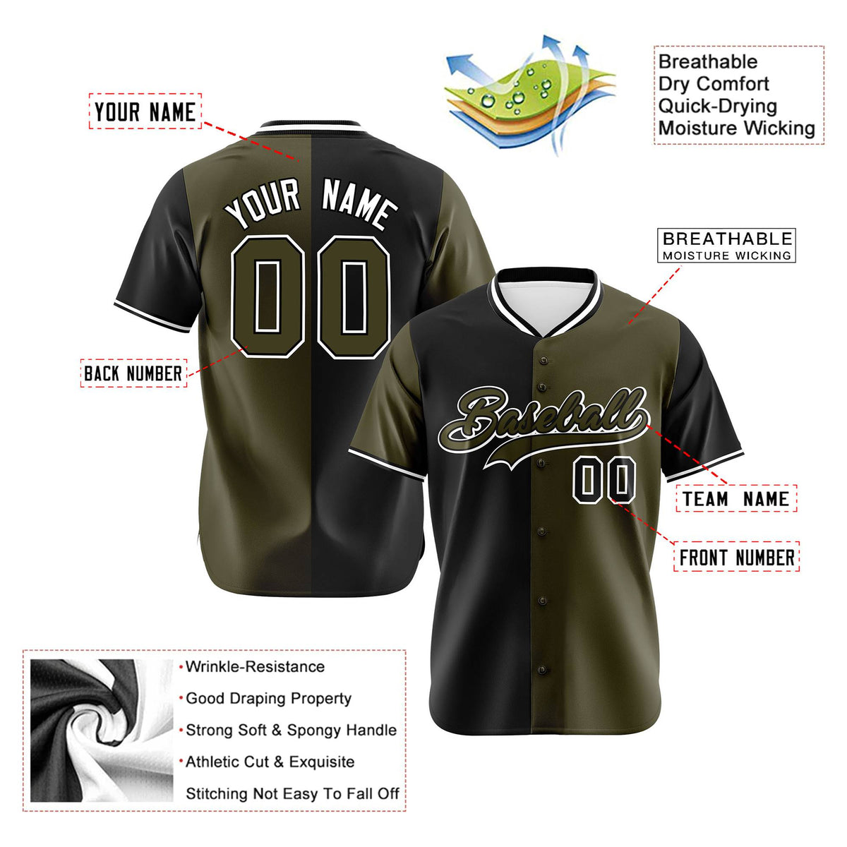 Custom Black Olive Authentic Split Fashion Baseball Jersey