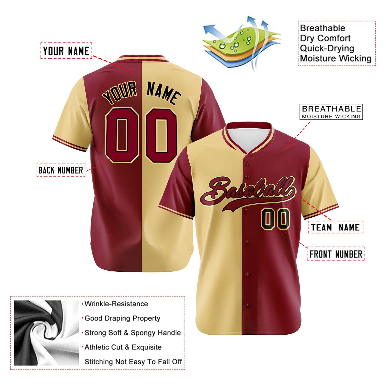 Custom Khaki Crimson Authentic Split Fashion Baseball Jersey
