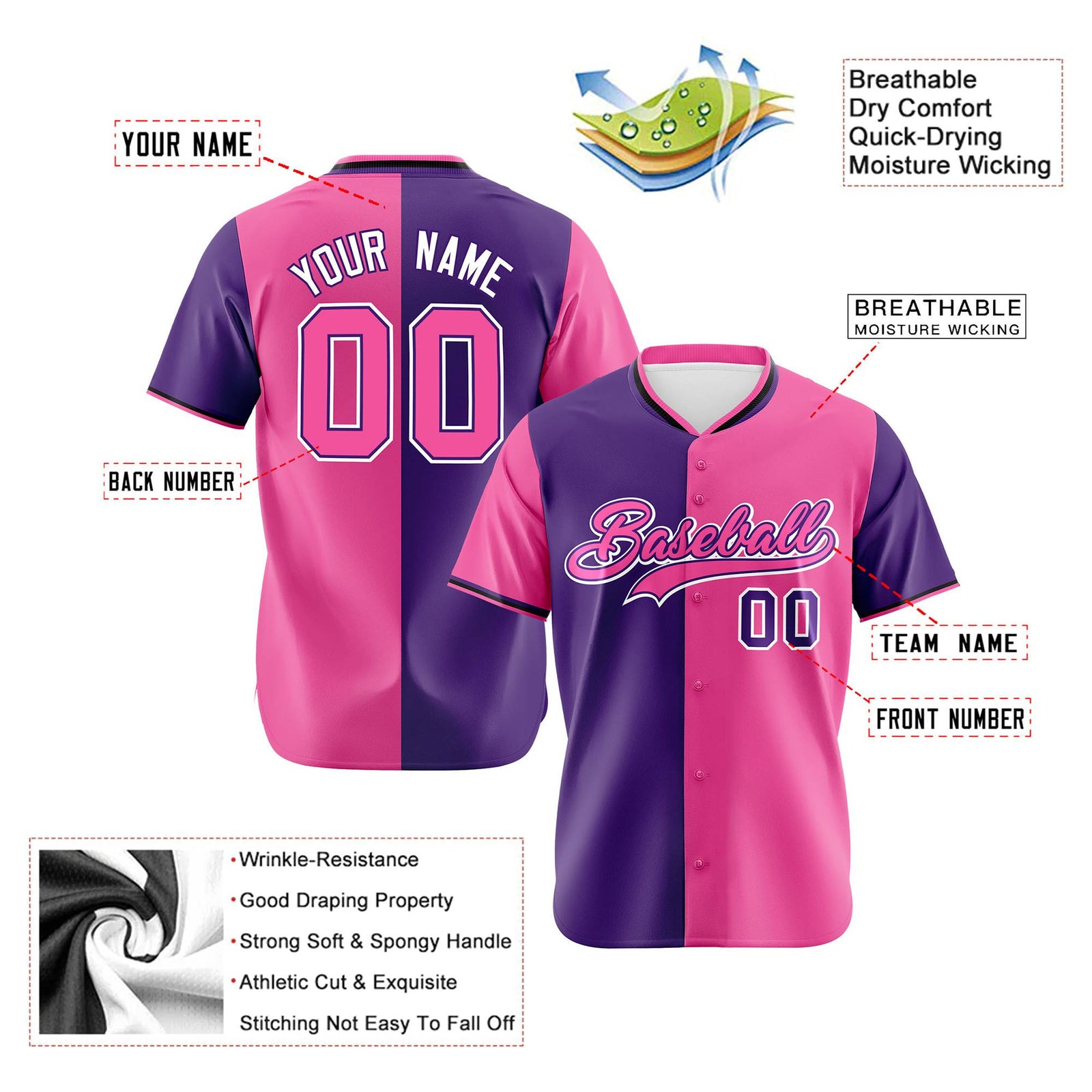 Custom Purple Pink Authentic Split Fashion Baseball Jersey