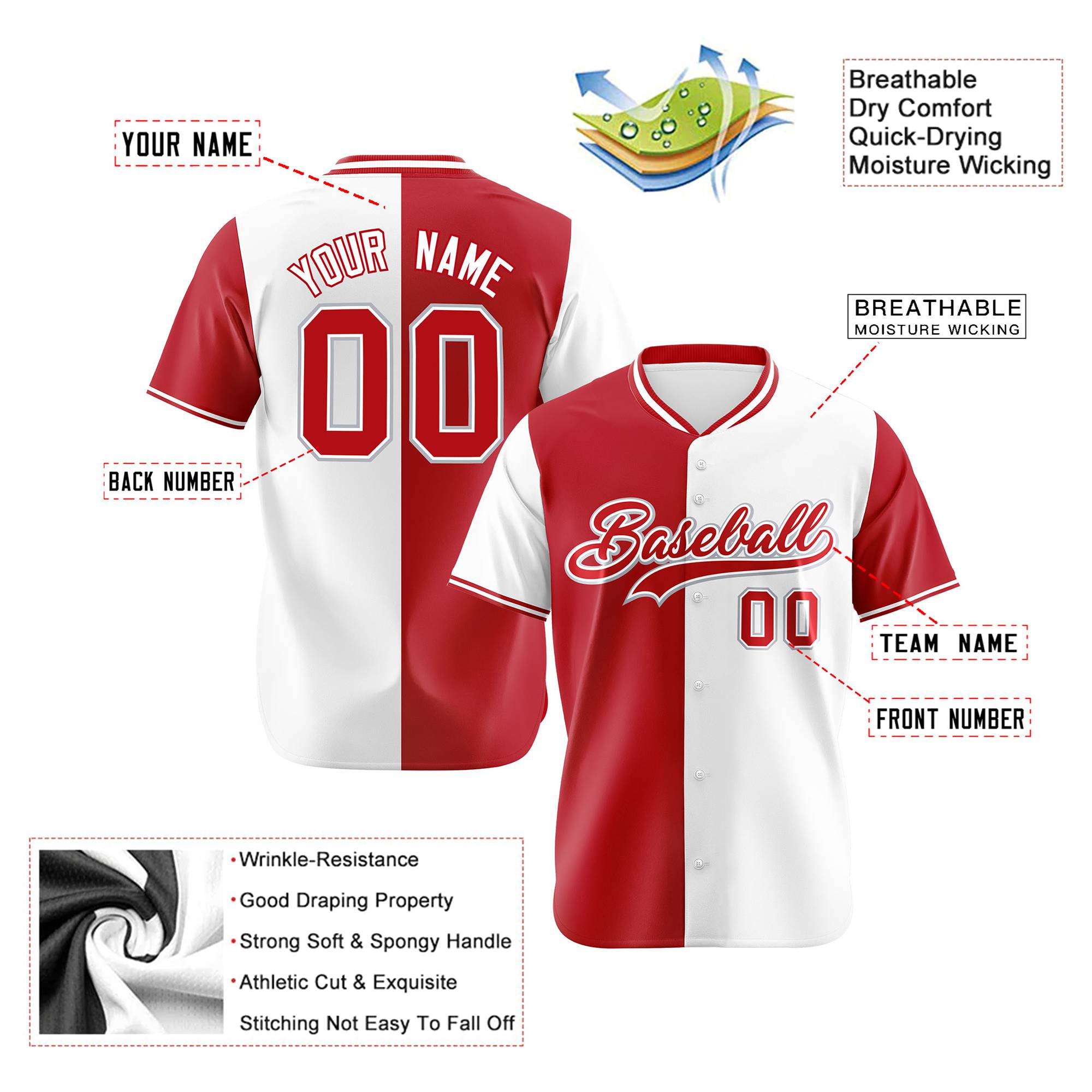 Custom Red White Authentic Split Fashion Baseball Jersey