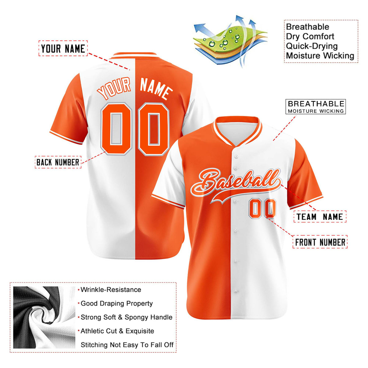 Custom Orange White Authentic Split Fashion Baseball Jersey