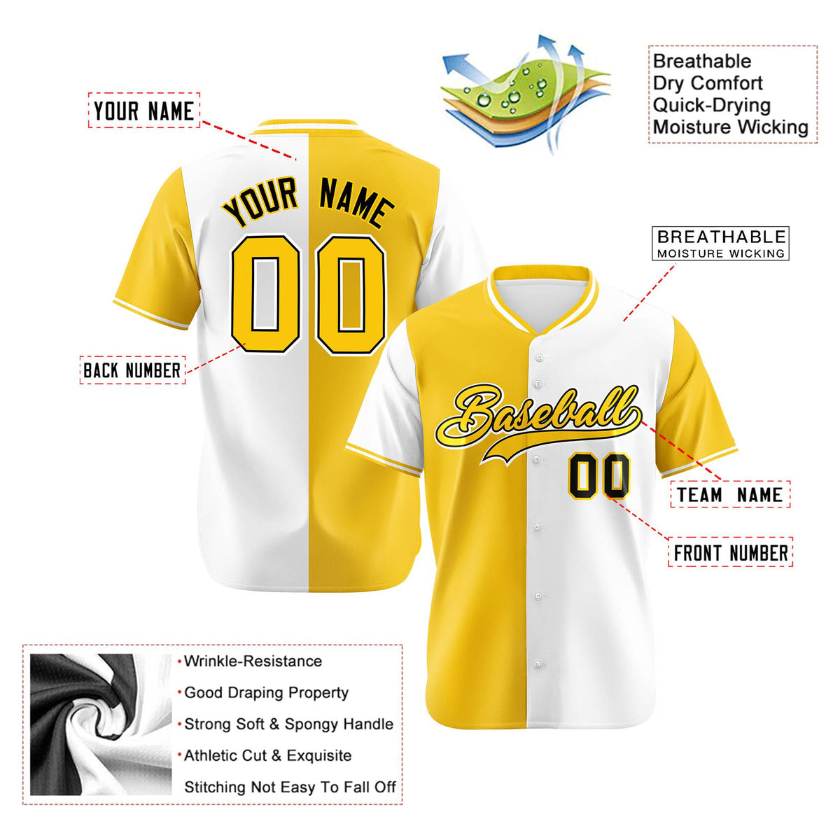Custom Gold White Authentic Split Fashion Baseball Jersey