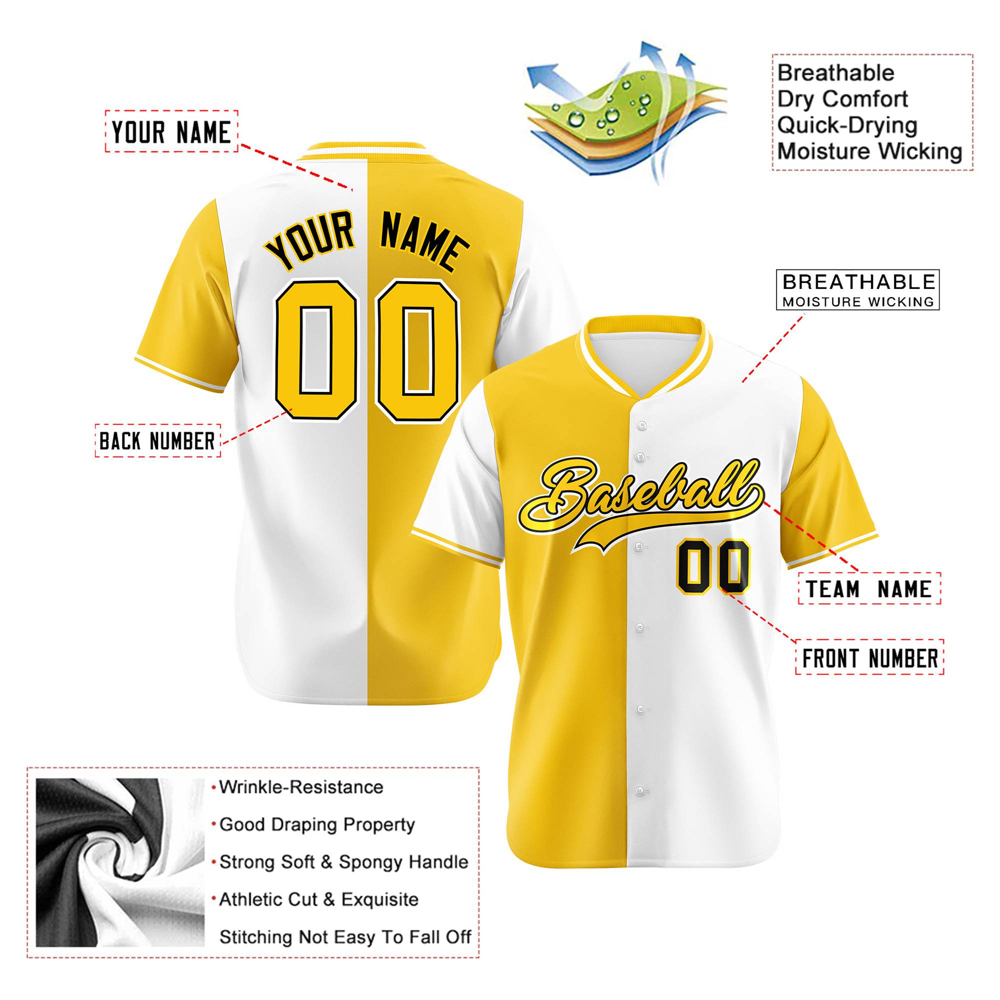 Custom Gold White Authentic Split Fashion Baseball Jersey