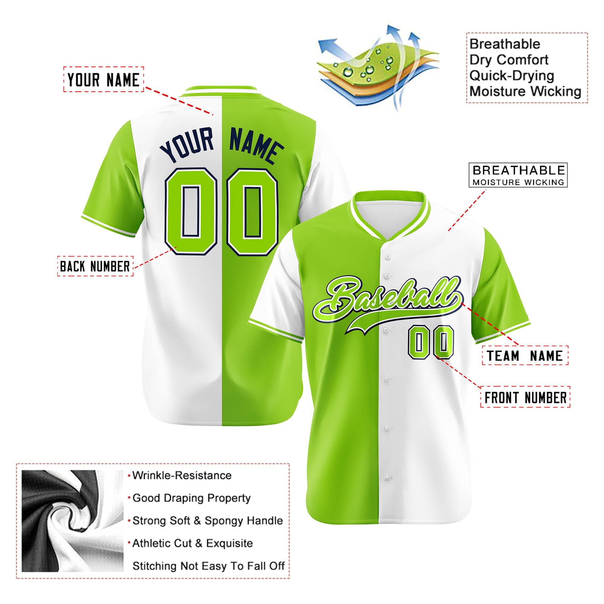 Custom Neon Green White Authentic Split Fashion Baseball Jersey