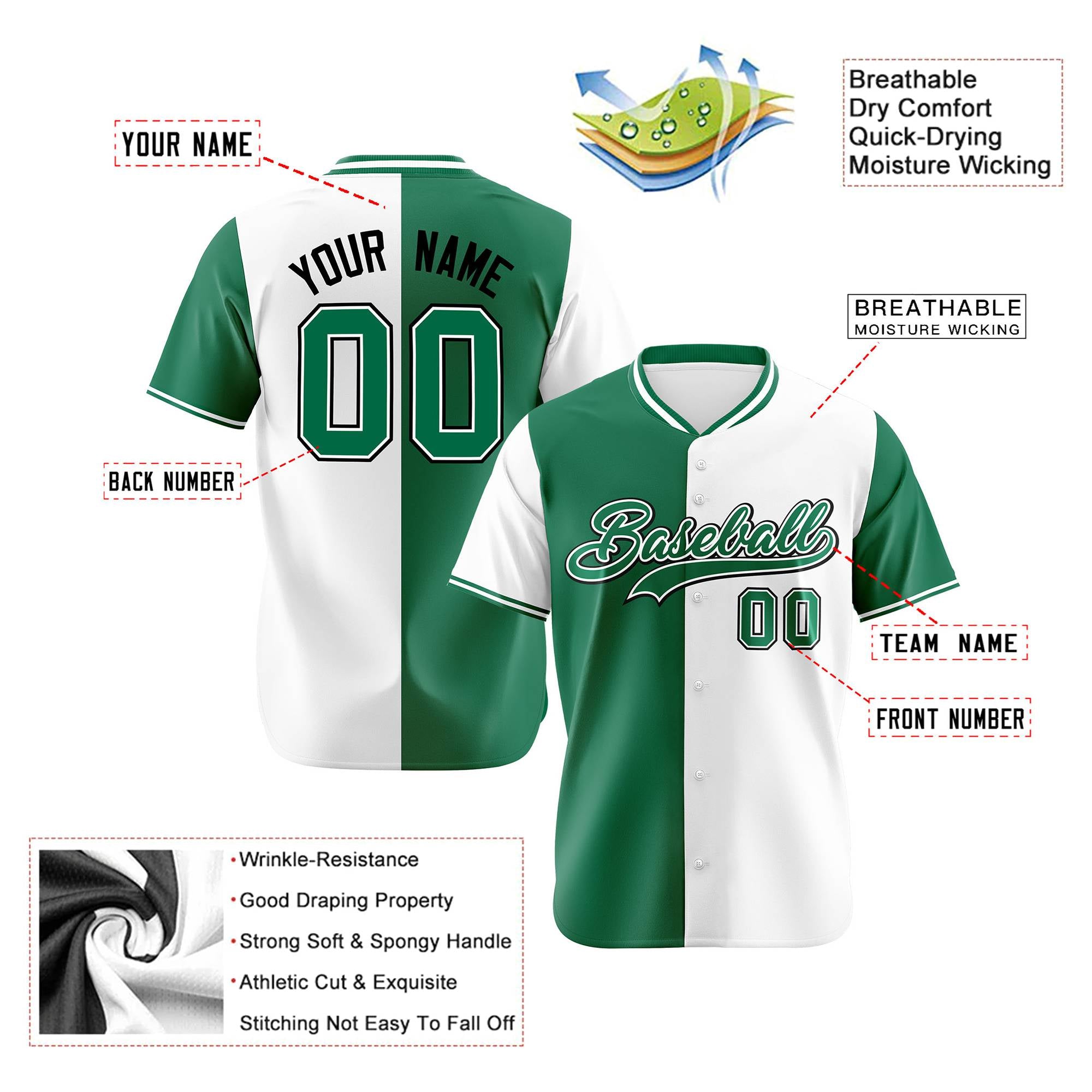 Custom Kelly Green White Authentic Split Fashion Baseball Jersey