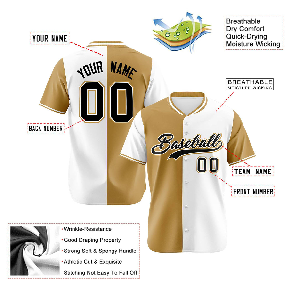 Custom Old Gold White Authentic Split Fashion Baseball Jersey