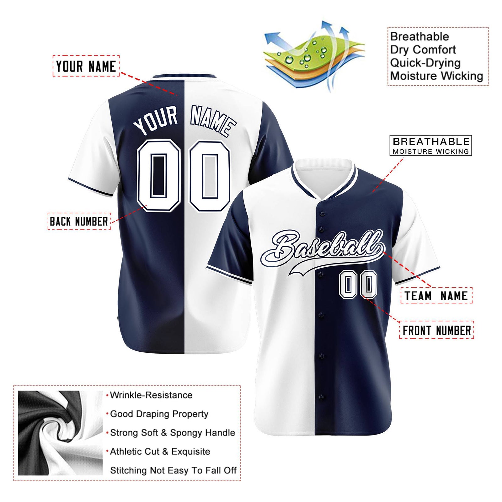 Custom White Navy Authentic Split Fashion Baseball Jersey