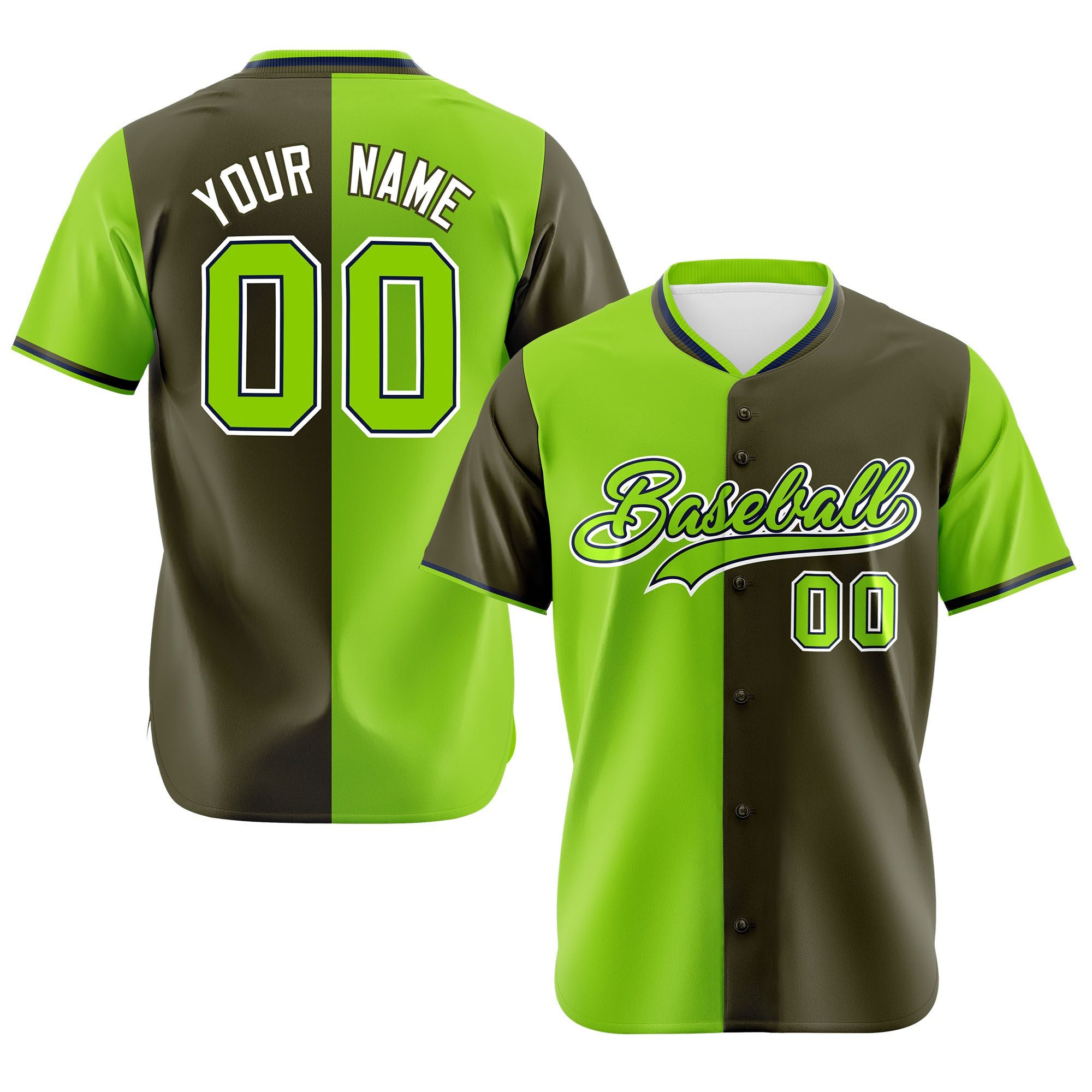 Custom Neon Green Olive Authentic Split Fashion Baseball Jersey