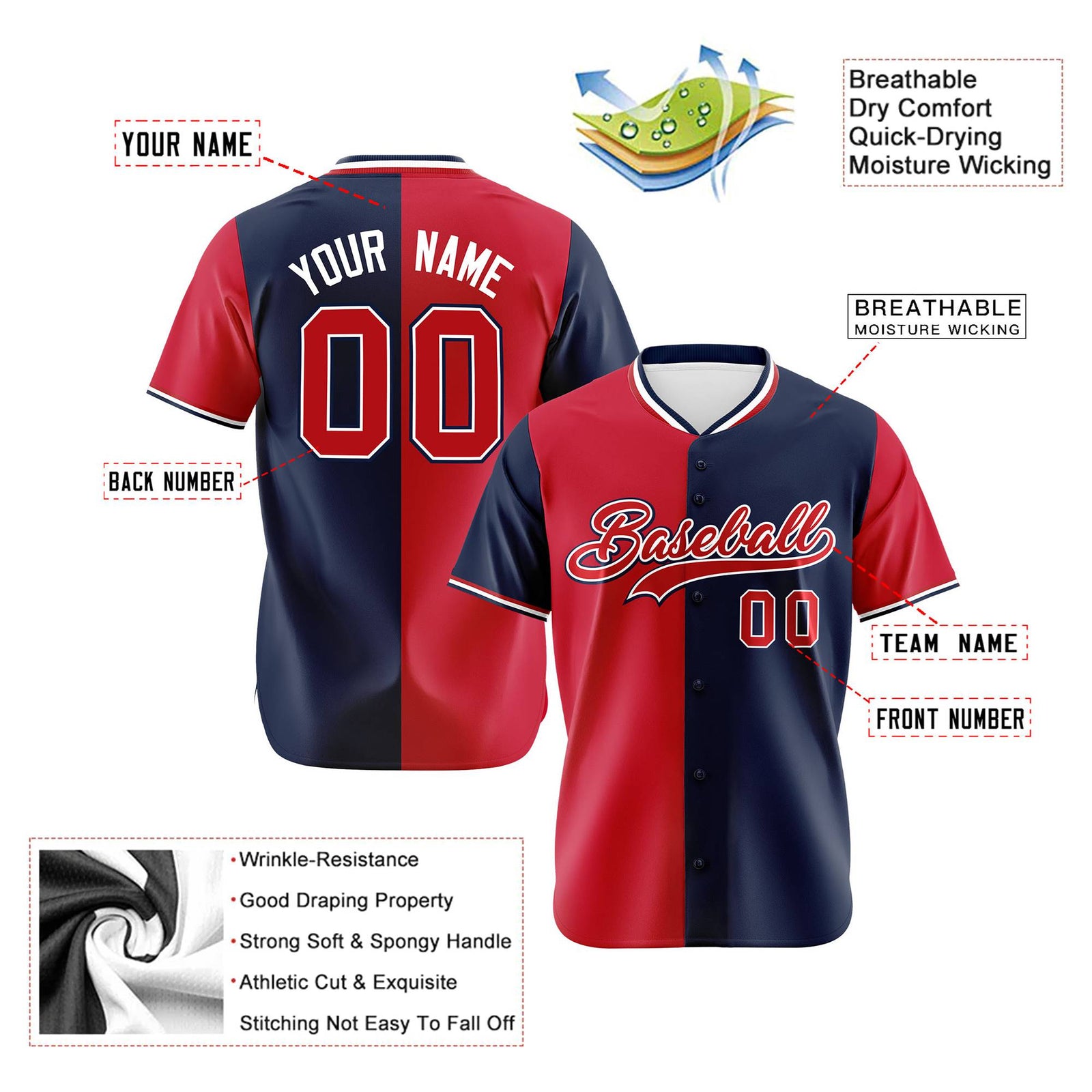 Custom Red Navy Authentic Split Fashion Baseball Jersey