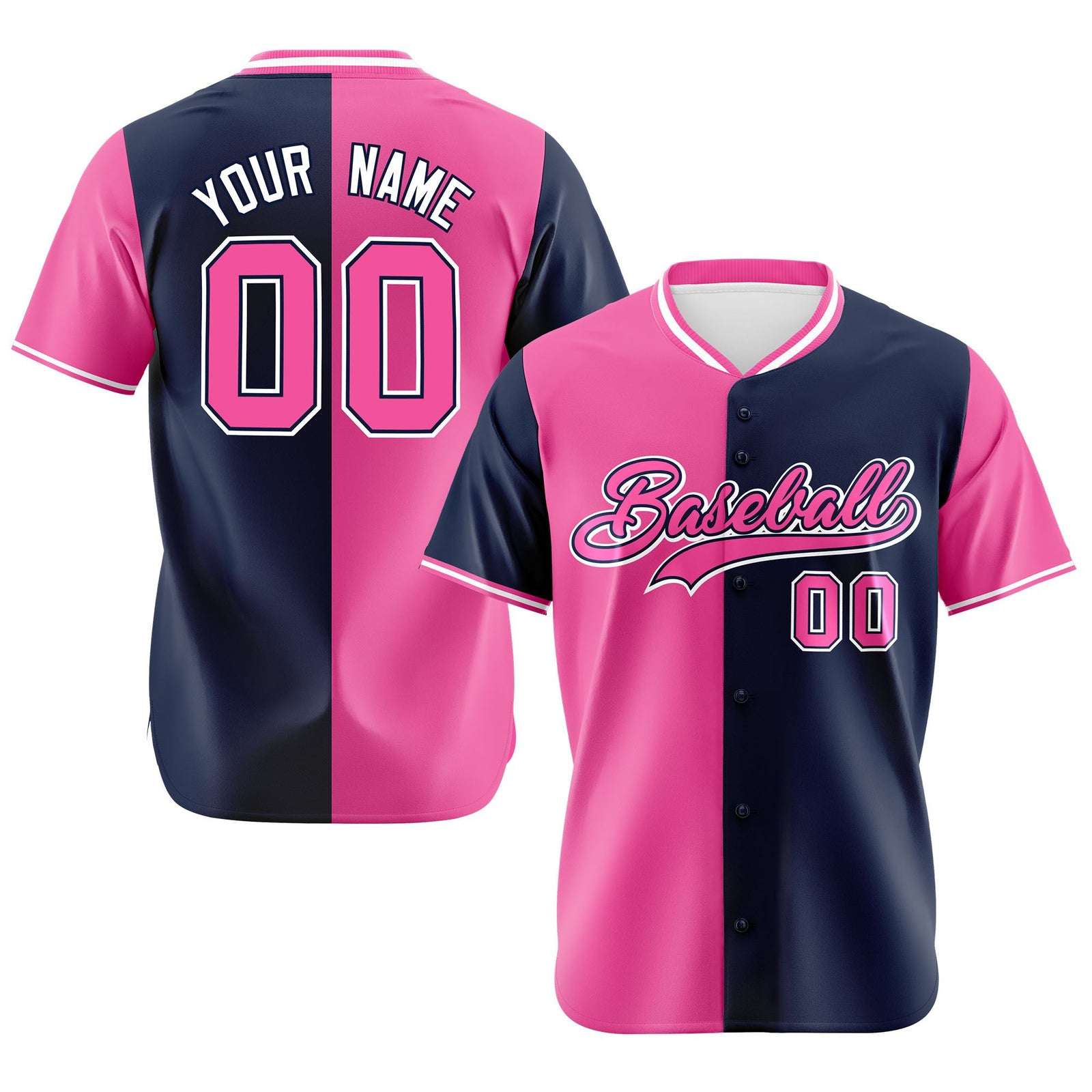 Custom Pink Navy Authentic Split Fashion Baseball Jersey