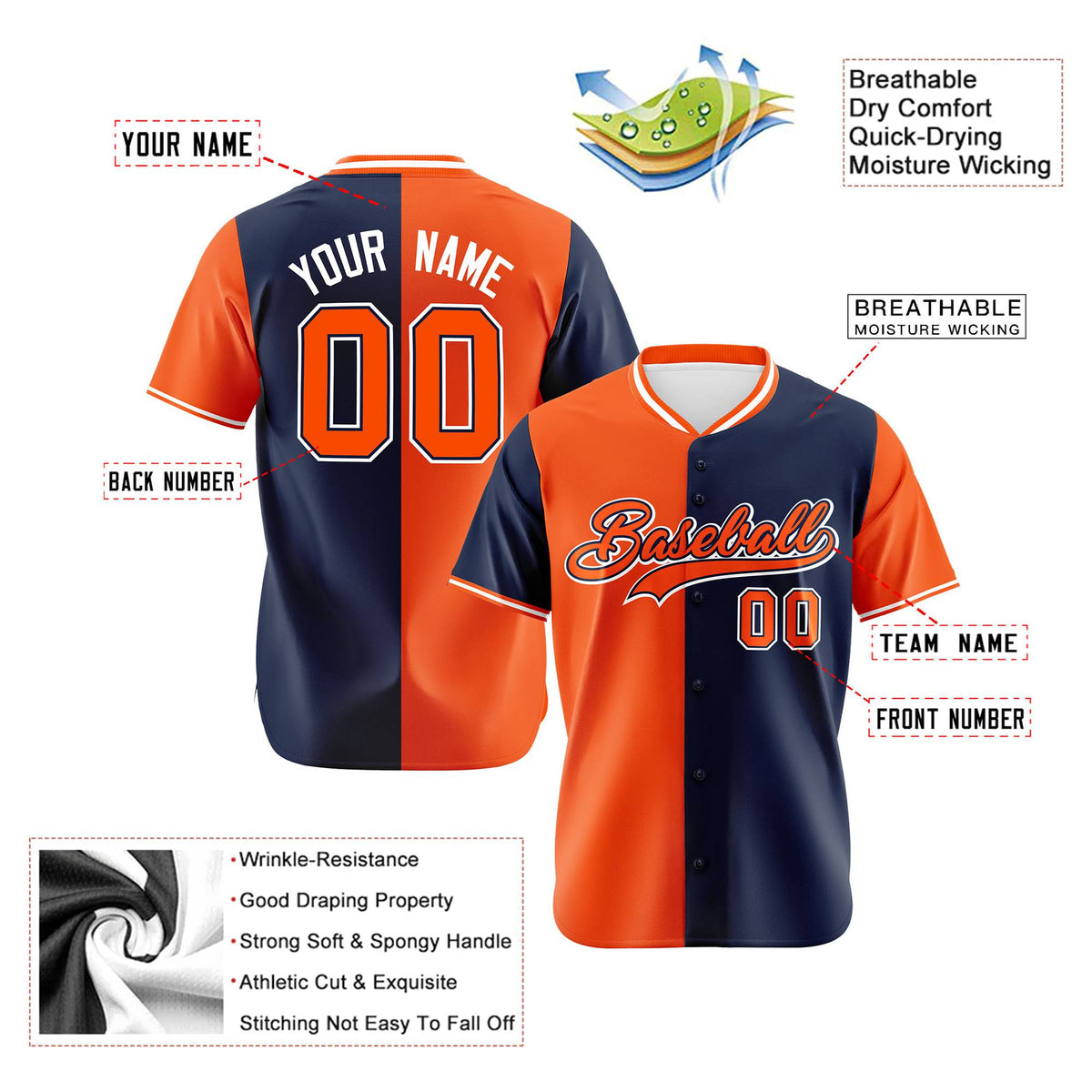 Custom Orange Navy Authentic Split Fashion Baseball Jersey
