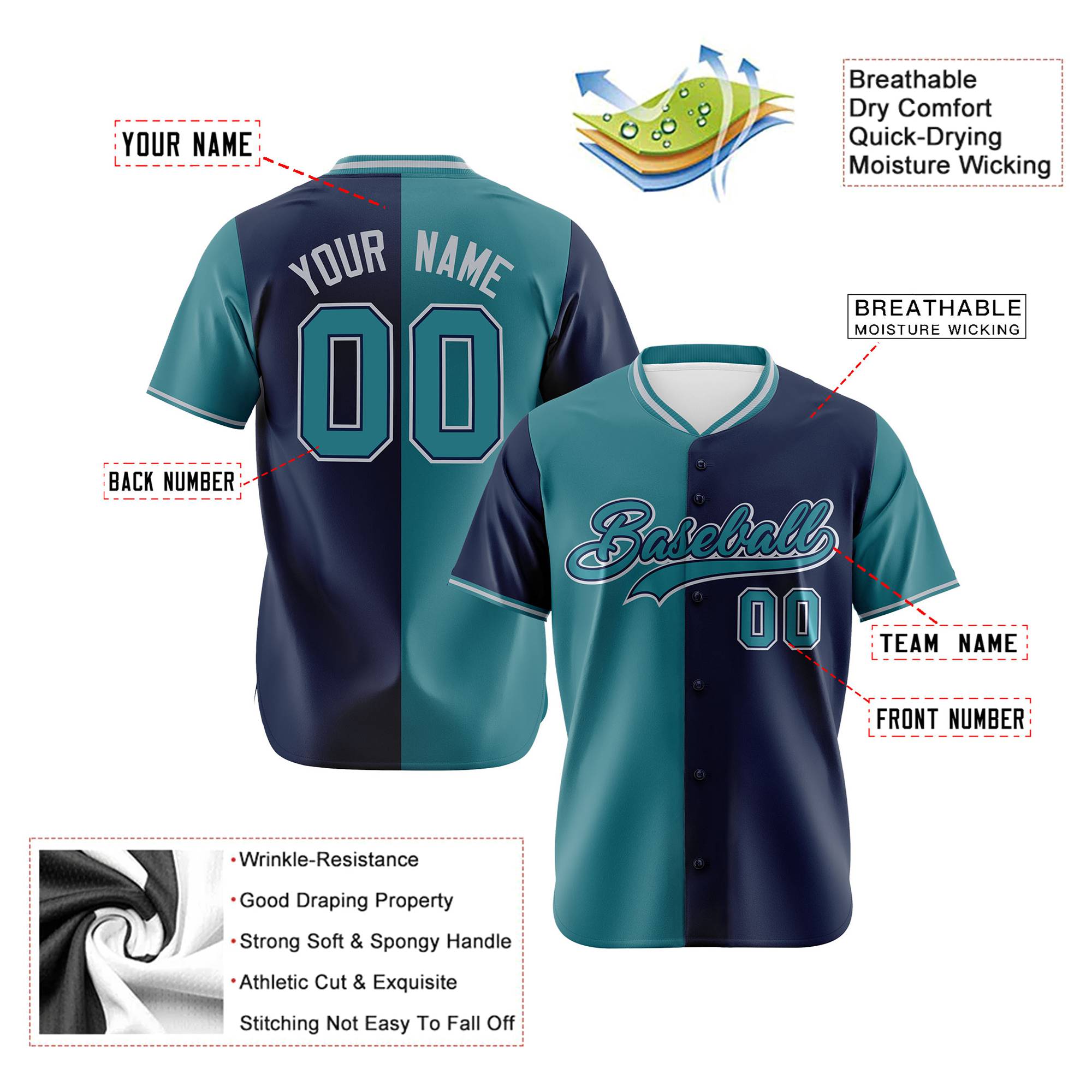 Custom Aqua Navy Authentic Split Fashion Baseball Jersey