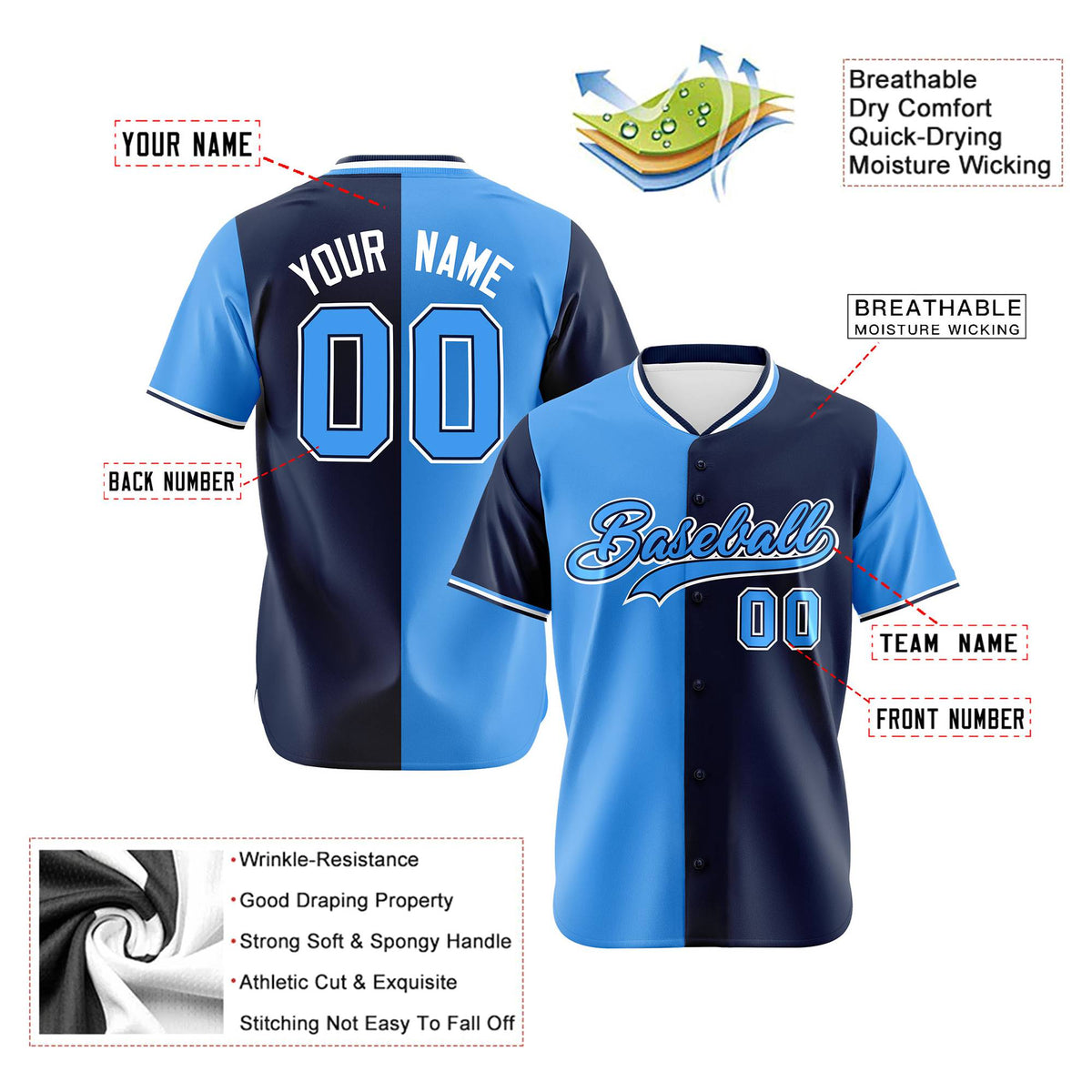 Custom Powder Blue Navy Authentic Split Fashion Baseball Jersey
