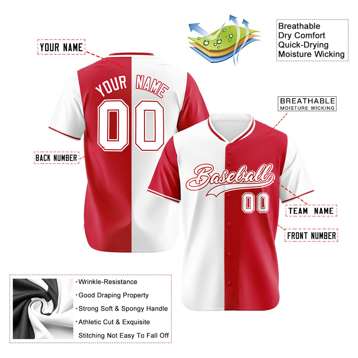 Custom White Red Authentic Split Fashion Baseball Jersey