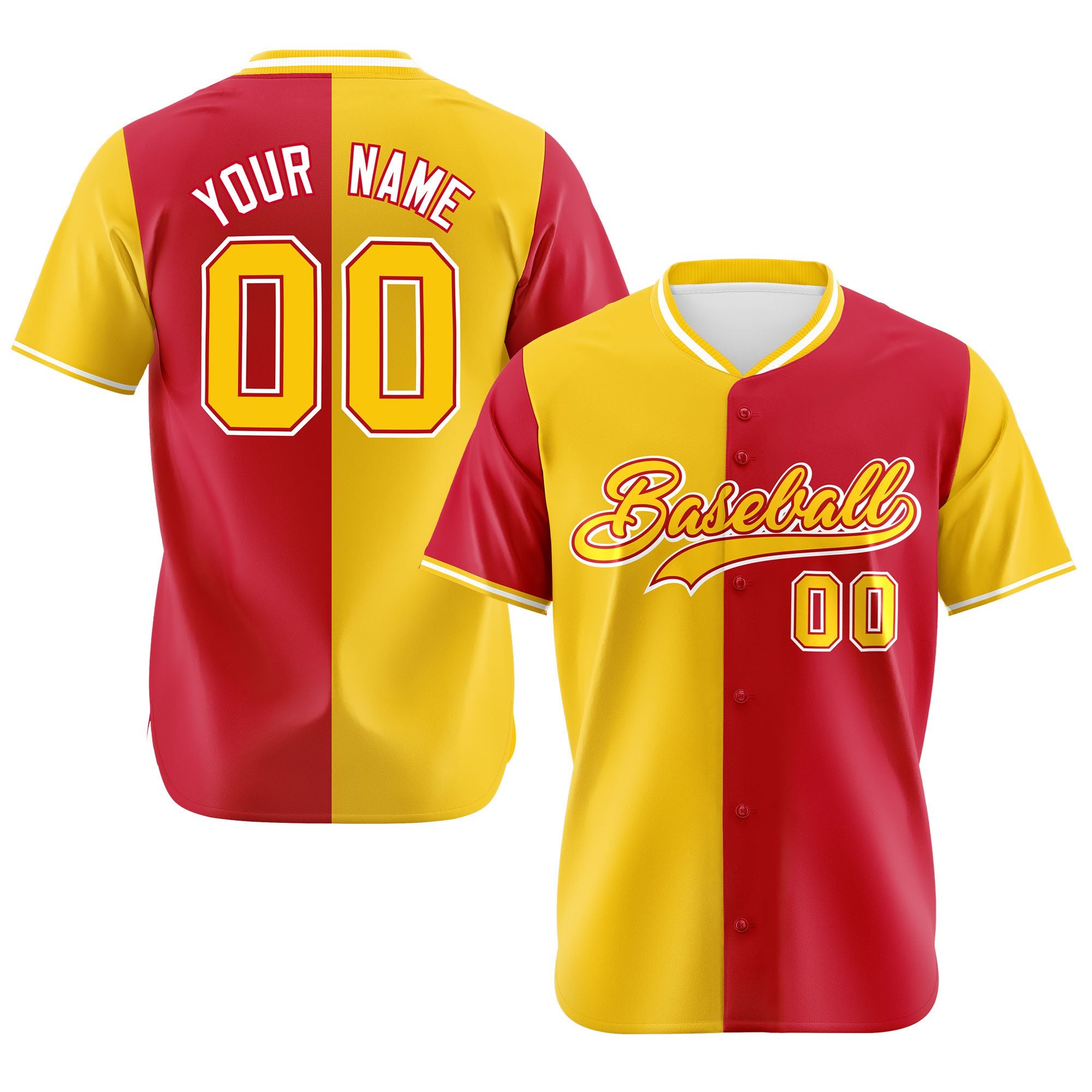 Custom Yellow Red Authentic Split Fashion Baseball Jersey