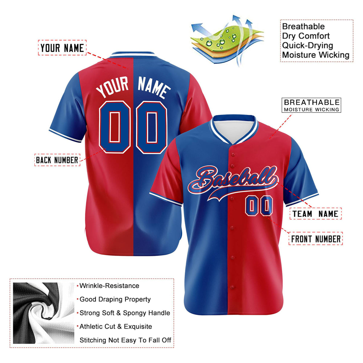 Custom Royal Blue Red Authentic Split Fashion Baseball Jersey